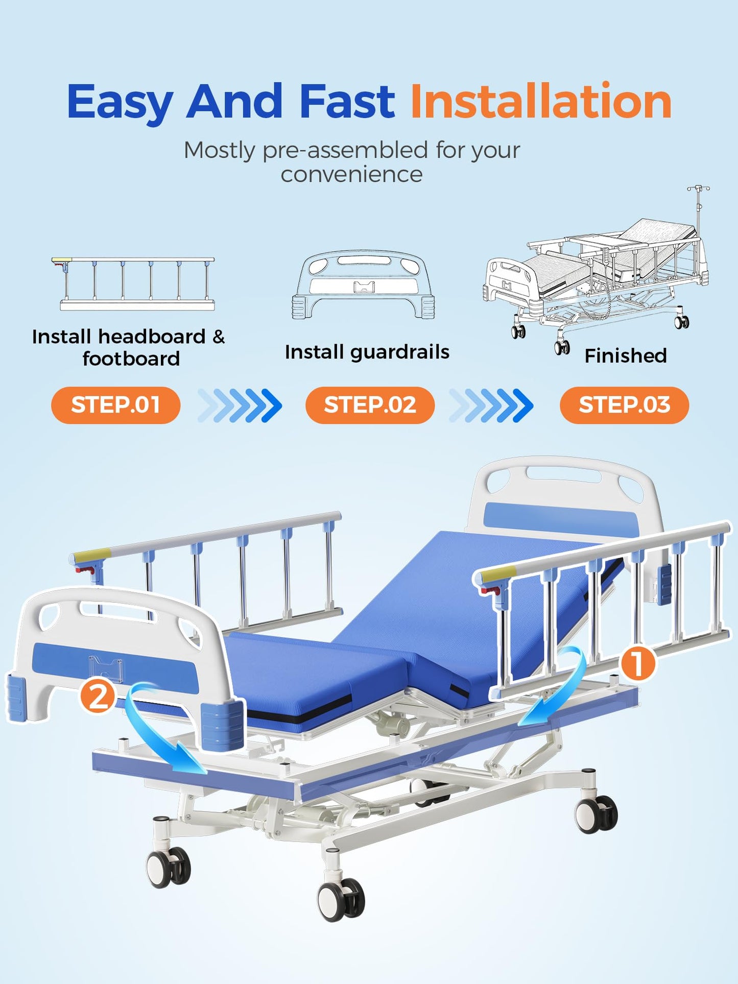 DAHAIY 3 Function 600LBS Full Electric Hospital Bed, Beds for Home Use, Medical Bed for Seniors with Mattress, Adjustable Hospital, Frame, Medical Equipment, Special Needs Beds, IV Pole,