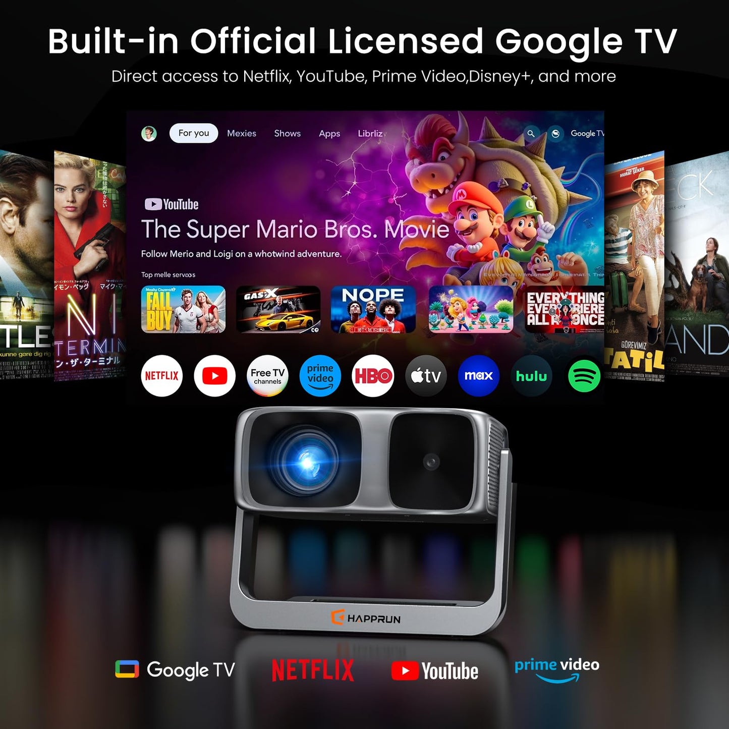2000 ANSI Official Licensed Google TV Outdoor Projector 4K Decoding, Smart Projector with Wifi and Bluetooth, Auto Focus, Dolby Sound, Built-in Apps, HAPPRUN Indoor Home Theater with 270° Stand