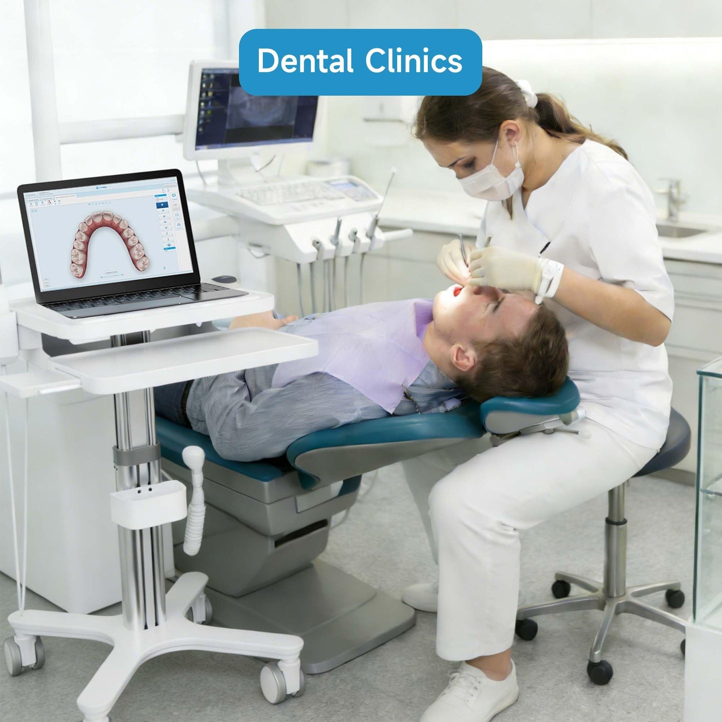 Dental Clinic Trolley Cart with Oral Scanner Holder, Dental Scanner Cart with Laptop Tray, Mobile Workstation Equipped with Lockable Silent Wheels, Aluminum Alloy Bracket Adjustable Height（MTO-3）