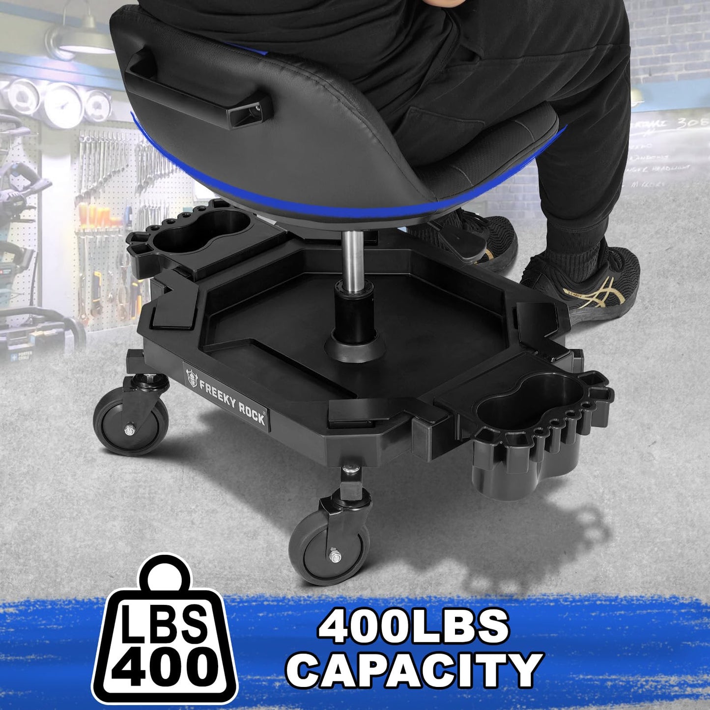 FREEKYROCK Rolling Stool with Wheels, Adjustable Height Pneumatic Garage Work Mechanic Stool Seat with Backrest, 400 LBS Capacity 360° Swivel Mechanic Crepper Chair with Tool Tray Storage, Blue
