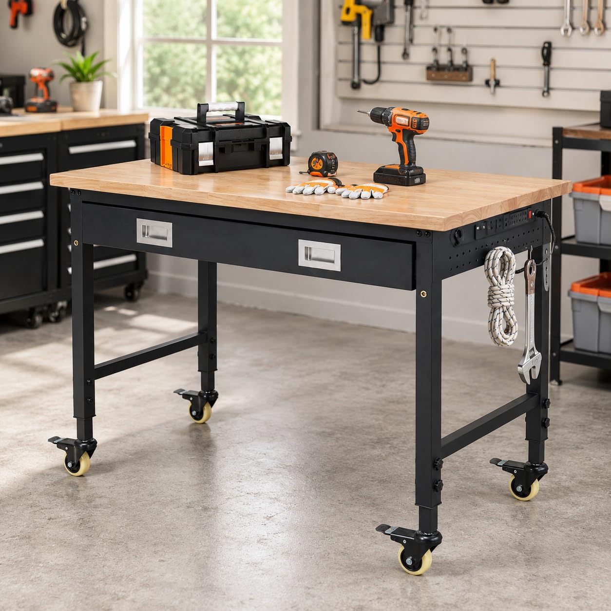 48"x24"x1.2" Heavy Duty Adjustable Workbench with Rubber Wood Top, Drawer Storage, 9 ft Power Strip, 2000 LBS Load Capacity, Lockable Wheels, ETL Certified, Black Garage & Workshop Table