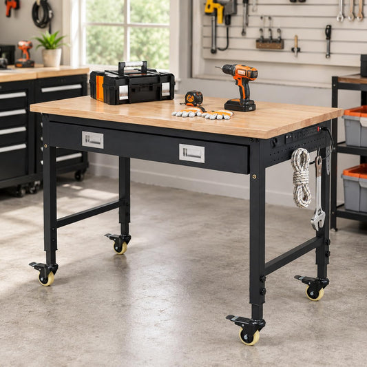 48"x24"x1.2" Heavy Duty Adjustable Workbench with Rubber Wood Top, Drawer Storage, 9 ft Power Strip, 2000 LBS Load Capacity, Lockable Wheels, ETL Certified, Black Garage & Workshop Table