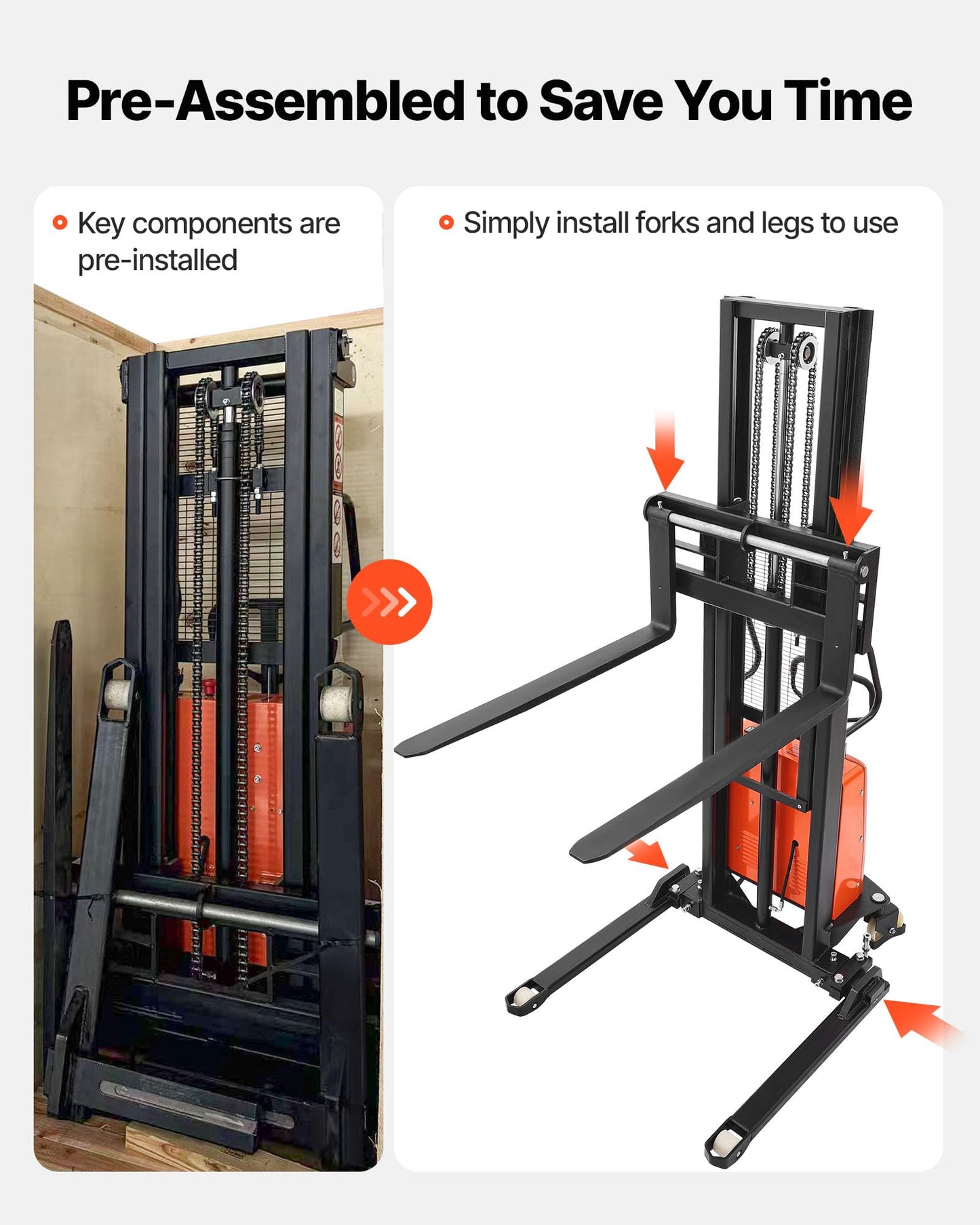 VEVOR Semi Electric Pallet Stacker, 3300 lbs Capacity, 98.42'' Lifting Height, Pallet Lift Stacker Forklift with Straddle Legs & Forks, 8.66-31.1 Inches Adjustable Fork Width, Orange & Black