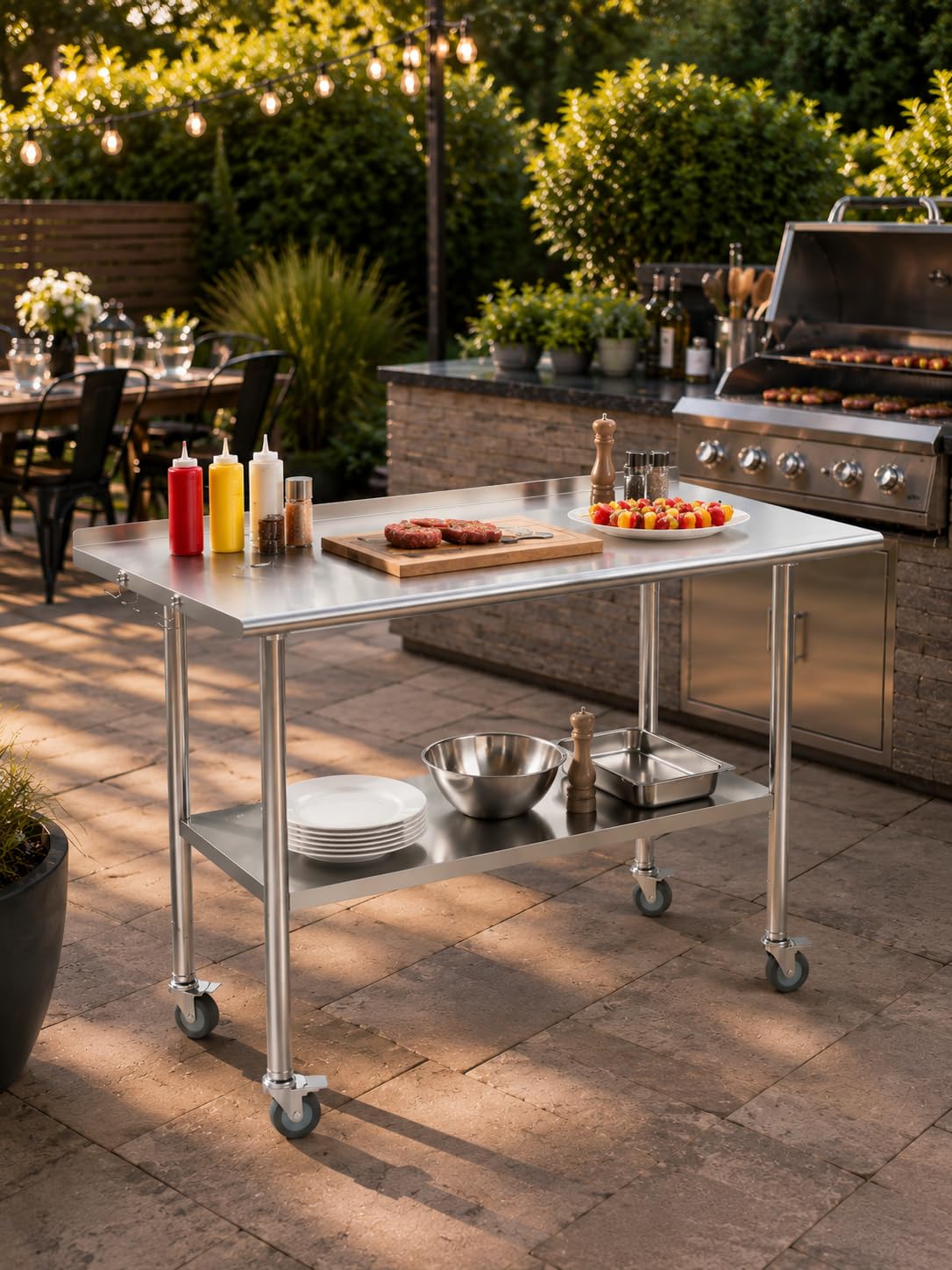 Atelicf All-Stainless Steel Prep Table, 30 x 36 Inch, with Rounded-Corner Backsplash, Casters and Adjustable Undershelf, Heavy-Duty Build for Outdoor Use, Restaurants, Kitchens, Gardens, and Garages