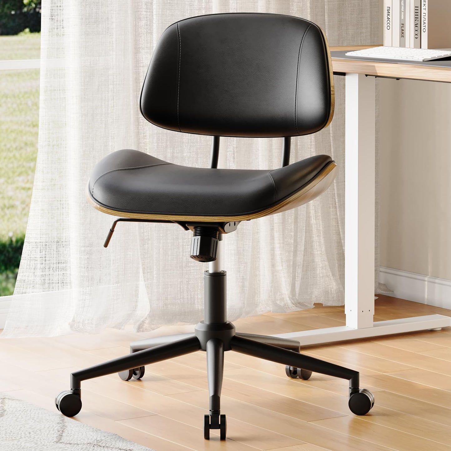 BERYTH Armless Office Chair with Wheels, PU Leather Adjustable Height Desk Chair - 360° Swivel Ergonomic Computer Chair for Small Space, Modern Walnut Style, Home & Meeting Room, Black