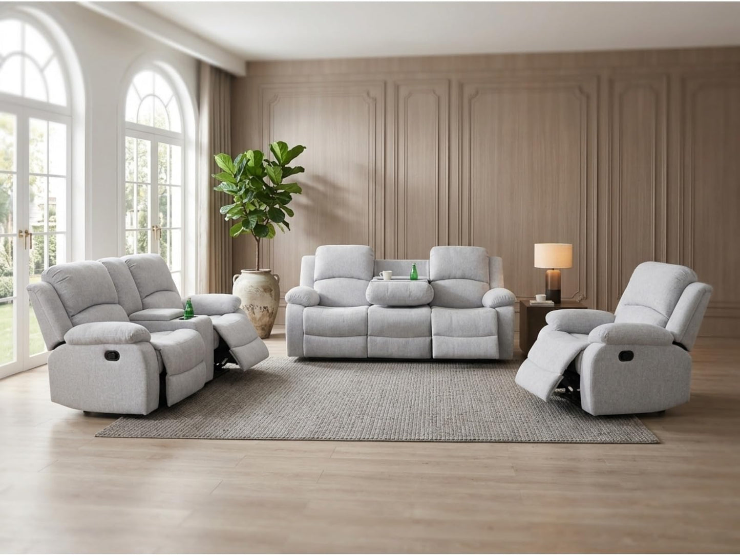 Trygoal Manual Recliner Sofa Set, Linen Reclining Couch with Storage Console, Cup Holders and Convertible Coffee Table, Adjustable Backrest Recliner Couch for Home Theater, Apartment, White Grey