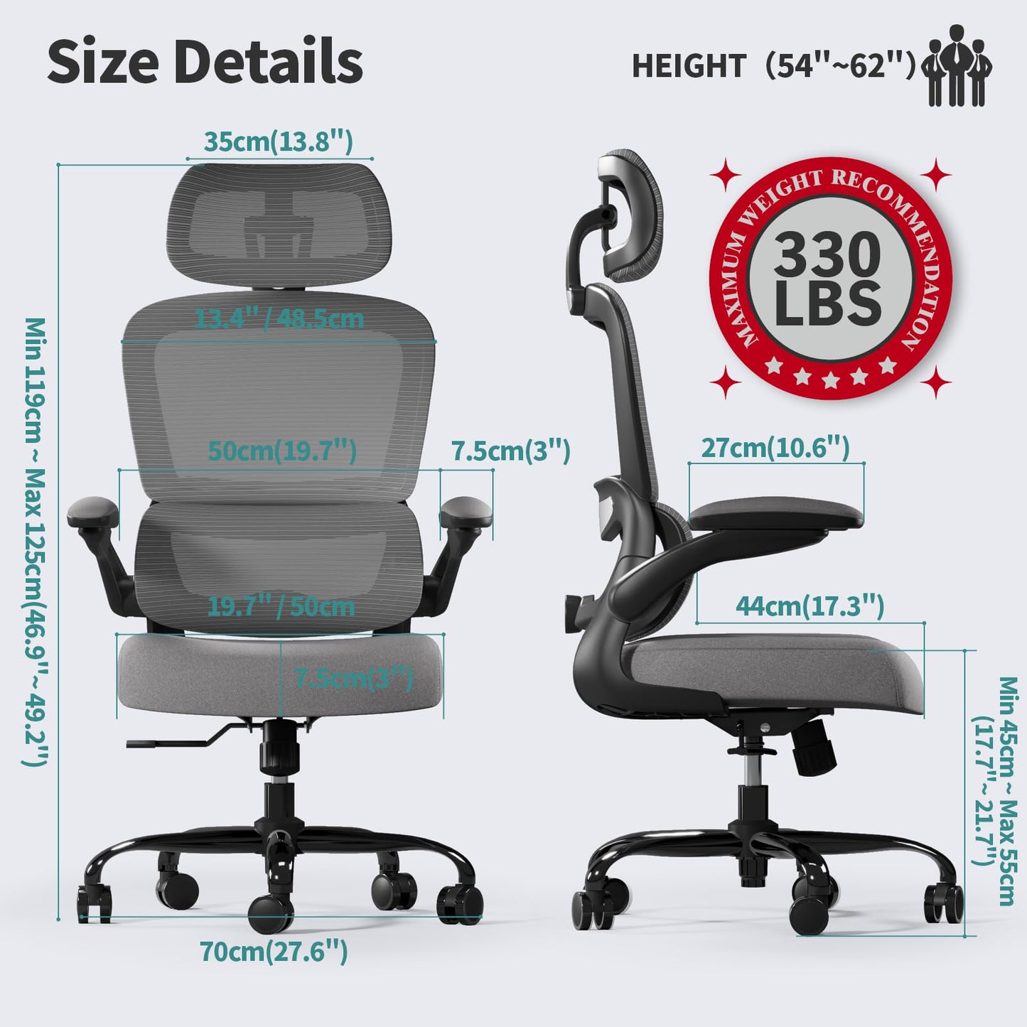 TRALT Office Chair Ergonomic Desk Chair, 330 LBS Home Mesh Office Desk Chairs with Wheels, Comfortable Gaming Chairs (Dark Grey)