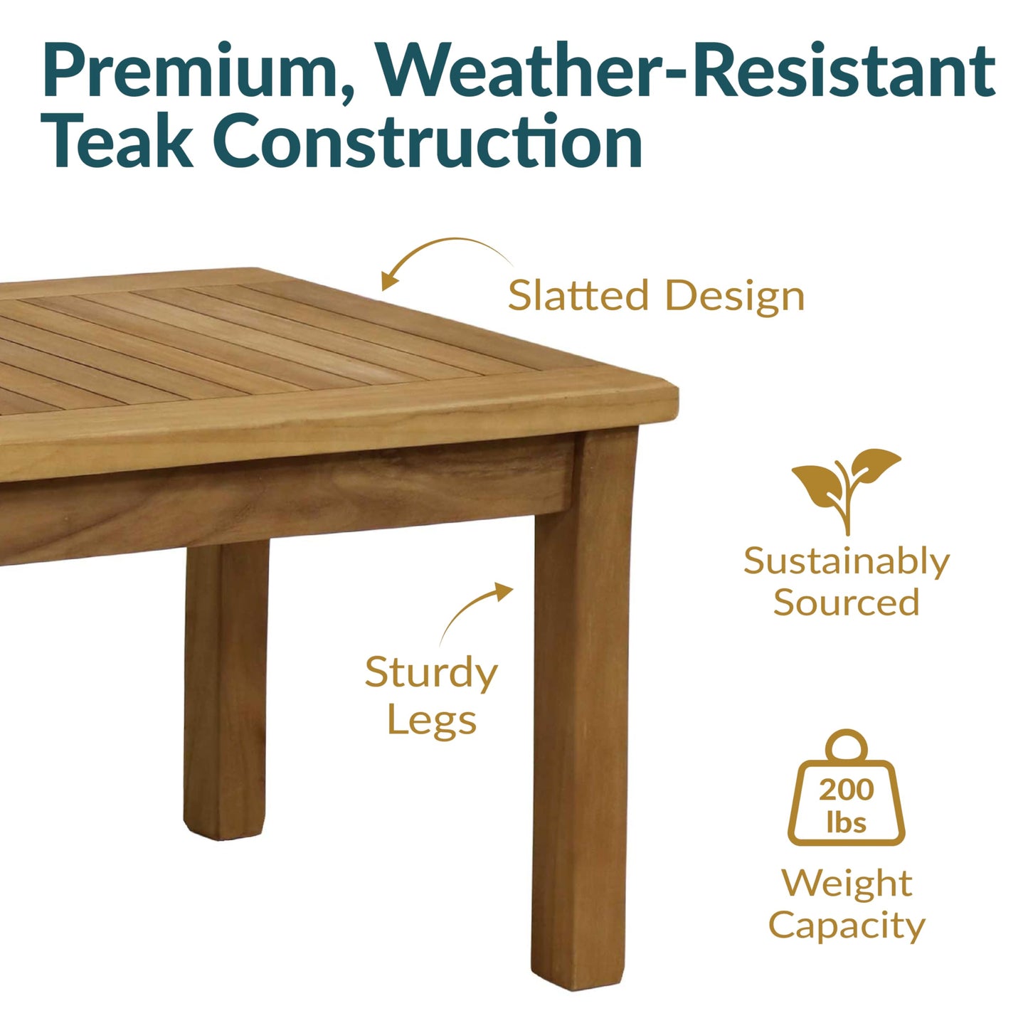 Sunnydaze 45-Inch Solid Teak Rectangular Outdoor Coffee Table - Patio Coffee Table for Outside - Light Brown Wood Stain Finish