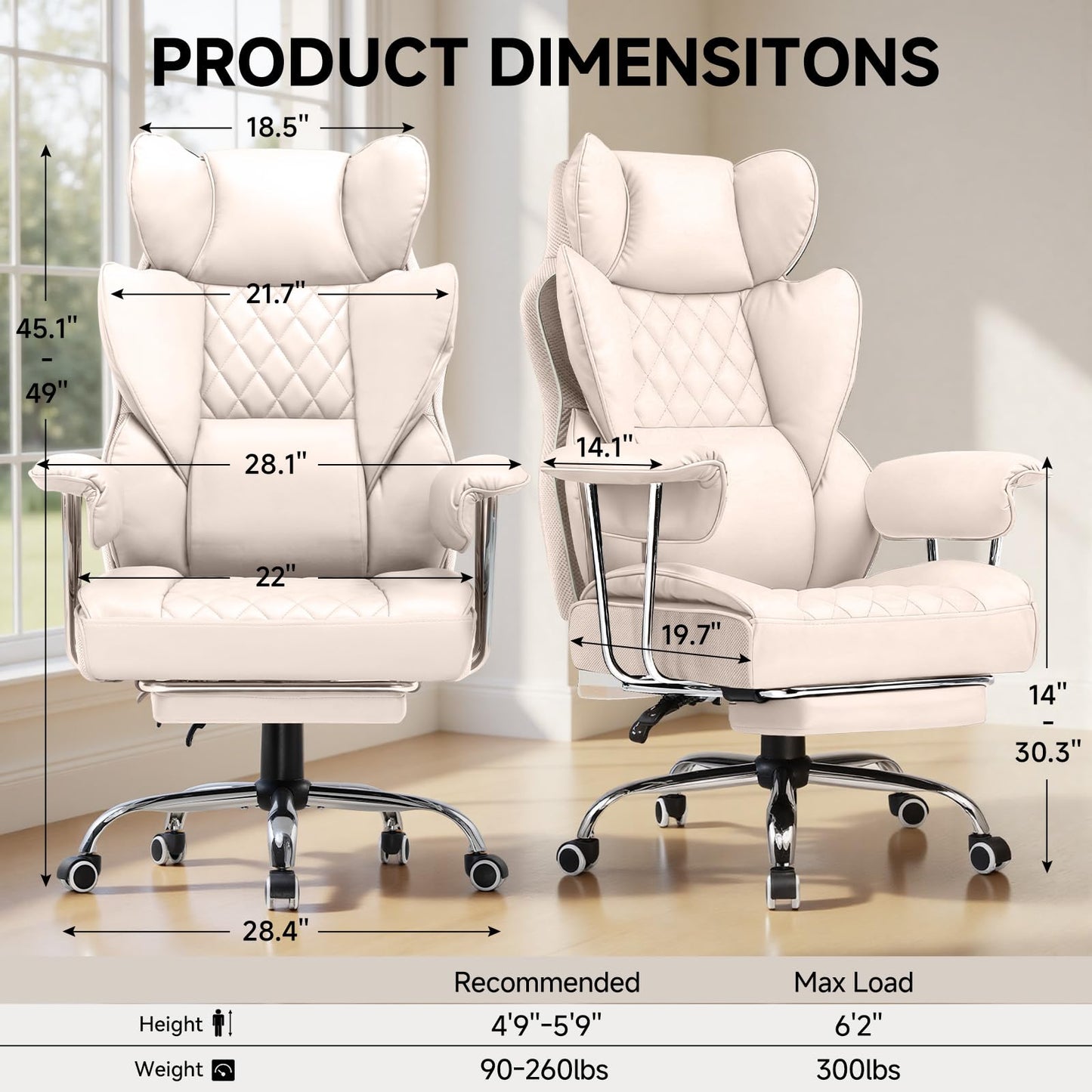 COMHOMA Big and Tall Office Chair, High Back Leather Gaming Chair with Footrest, Executive Ergonomic Office Chairs with Pocket Spring Lumbar Support and with Outward Fixed Soft Armrests