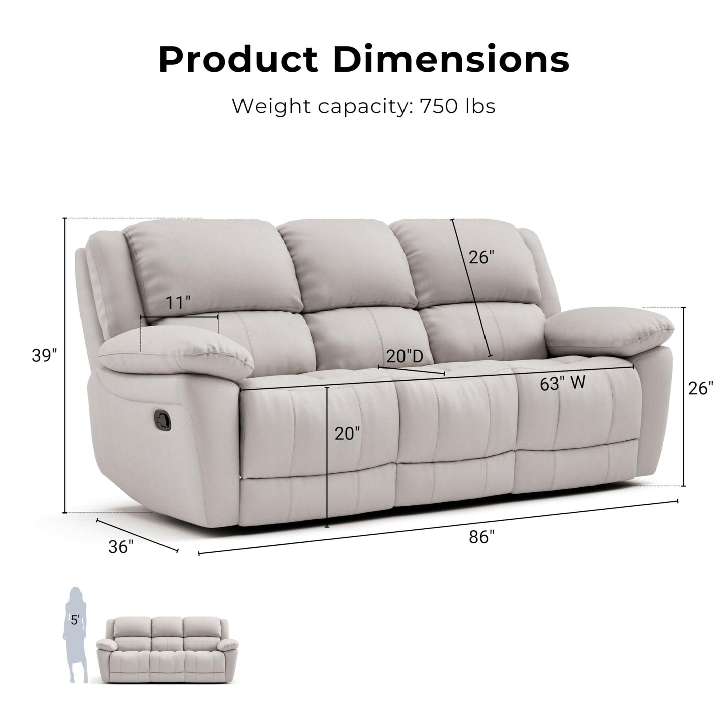 Furniture of America Sorin Modern Leather Recliner Sofa with Pillow Armrests and High Density Foam, Reclining Sectional Couch for Living Room, Office, Home Theater, FSC Certified, Off-White