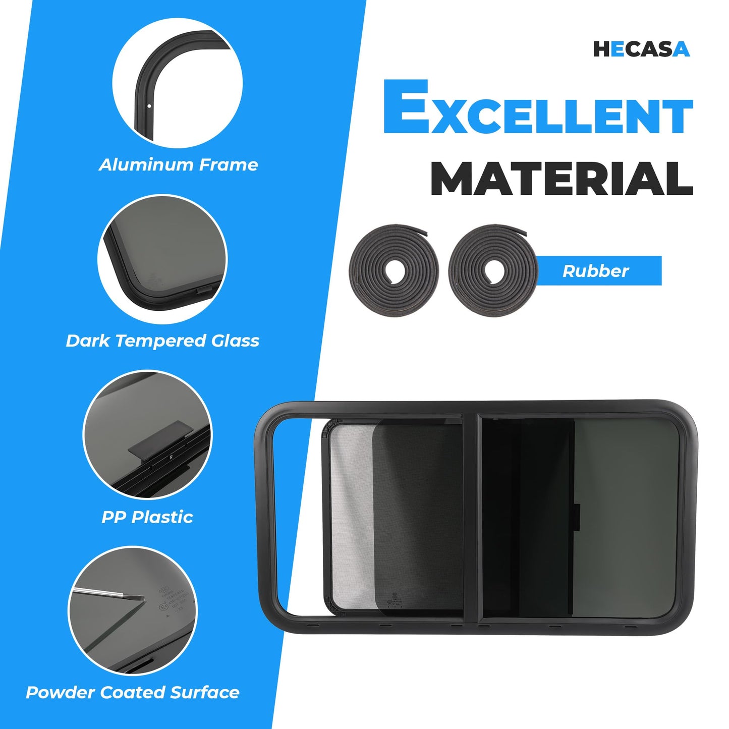 HECASA RV Window Teardrop Horizontal Sliding 42inW x 22inH, Tempered Glass, Powder Coated Black, Model MO-5414, 1PC