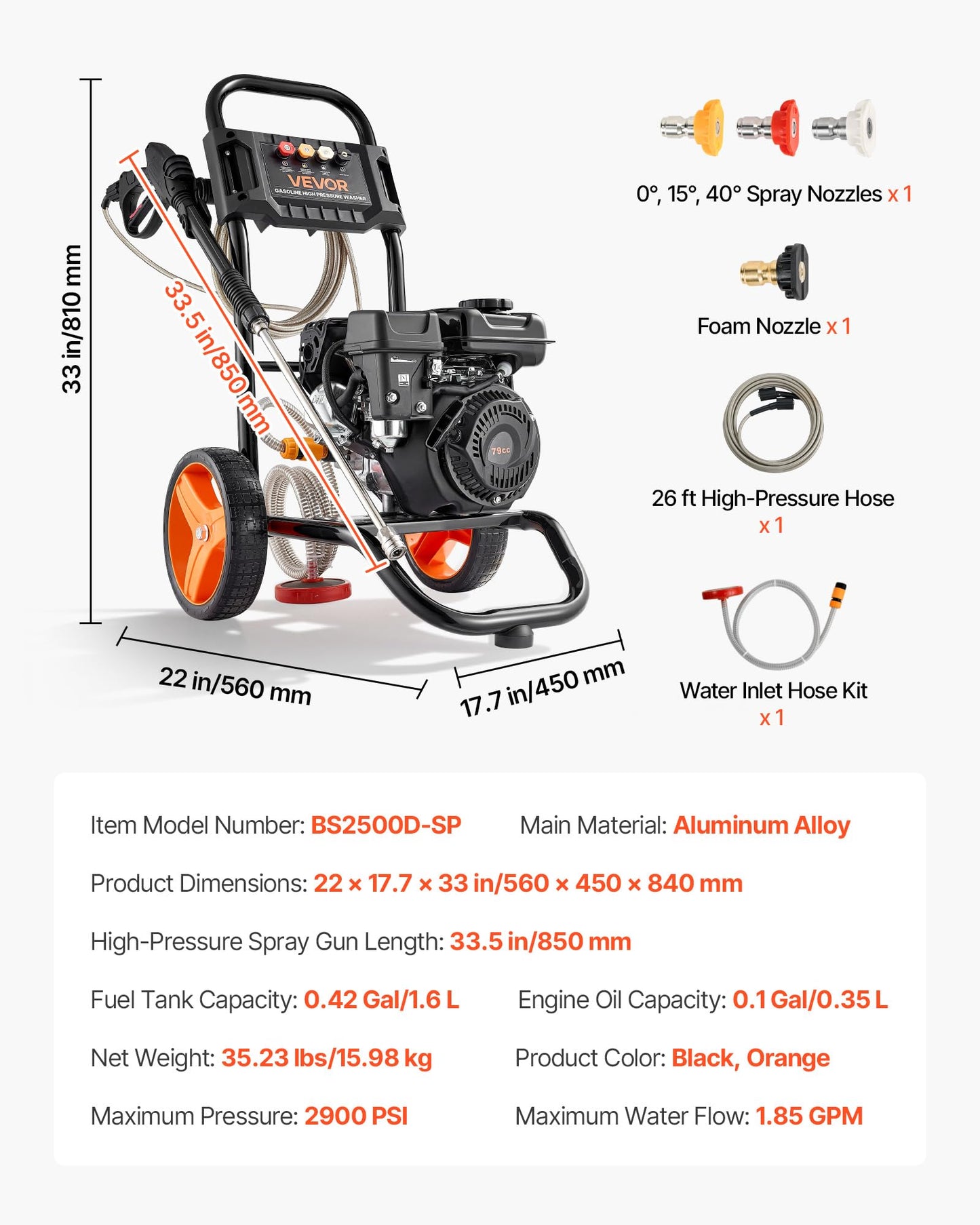 VEVOR Gas Pressure Washer 2900 PSI and 1.85 Max GPM, Upgrade Aluminum Pump with Spray Gun and Wand, 4 Nozzle Set, Gas Powered Pressure Washer for Cars, Fences, Driveways, Homes, Patios, Furniture