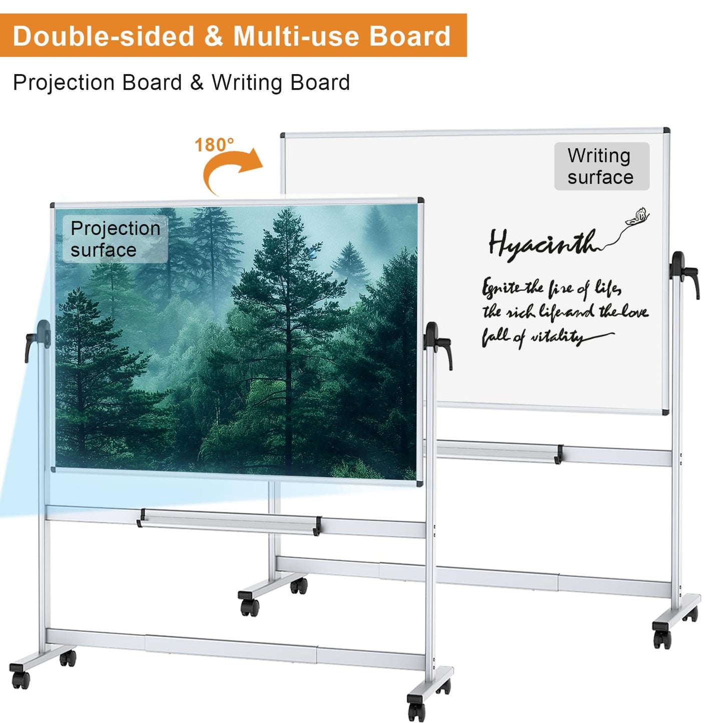VIZ-PRO Double-Sided Mobile Projection Writing Whiteboard, 72 x 48 Inches, Large Magnetic Rolling Dry Erase Board & Projector Screen with Aluminium Stand