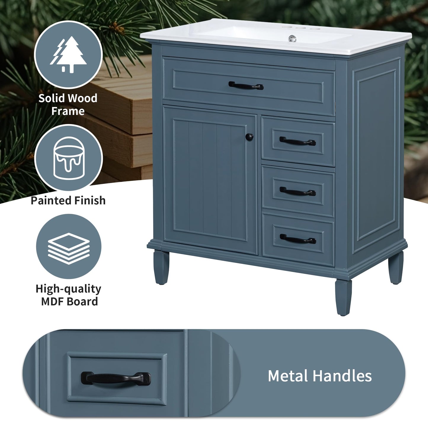 Bathroom Vanity with Ceramic Sink Top Set 30inch, Cabinet with Two Tip-Out Drawers and Door Rack, Adjustable Shelf, Solid Wood Legs, Soft-Closing Door, Gray Blue