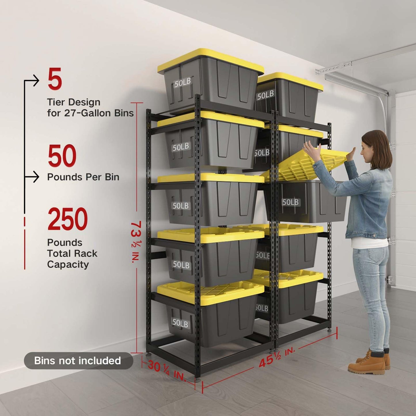 27 Gallon Tote Storage Rack, Heavy-Duty Storage Bin Rack Organizer, 5-Tier Standing Storage Bin Shelves, 250 lb Capacity, Maximize Space for Garage, Warehouse, Utility, 2-Pack (Totes Not Included)
