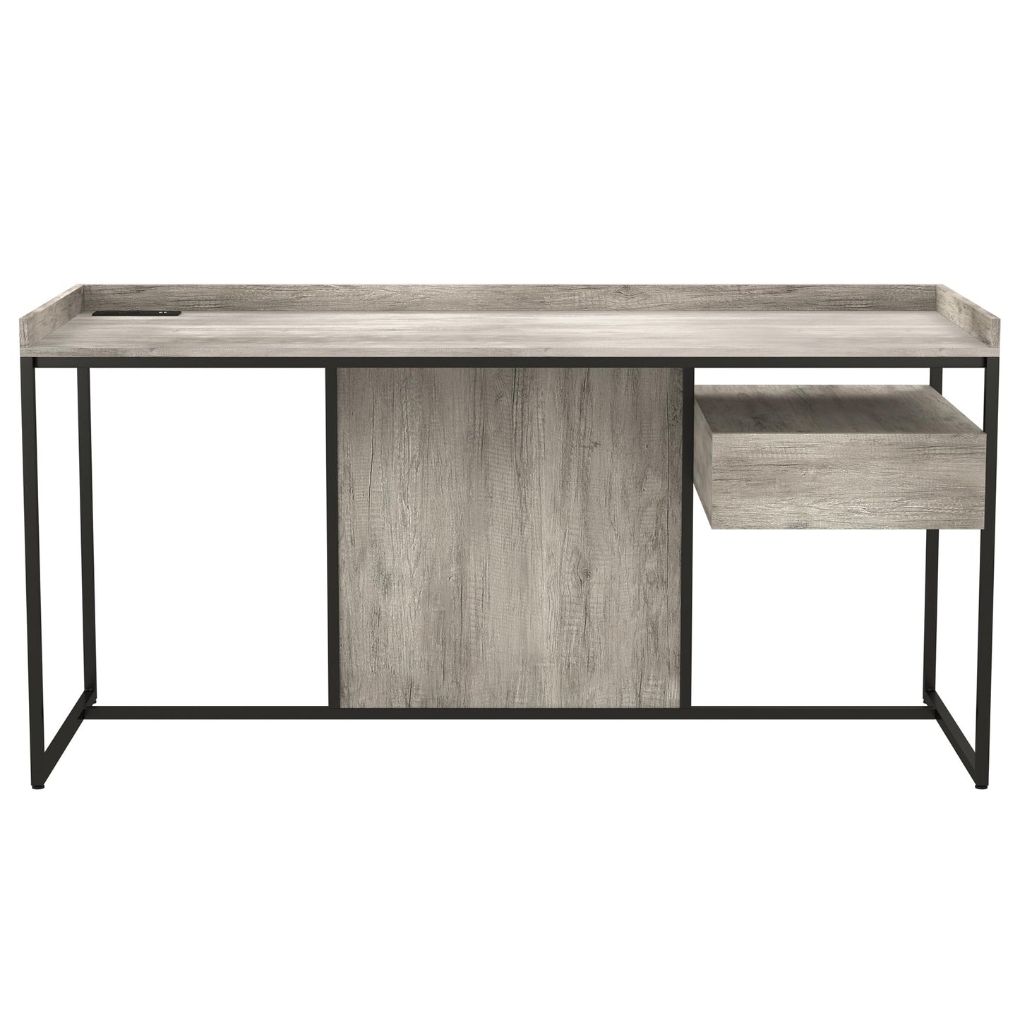 24/7 Shop at Home Lochlan Industrial 1 Drawer Metal Writing Desk with USB Port, Power Outlet, 1 Shelf for Workstation, Home Office, Study Room, Matte Black and Light Gray