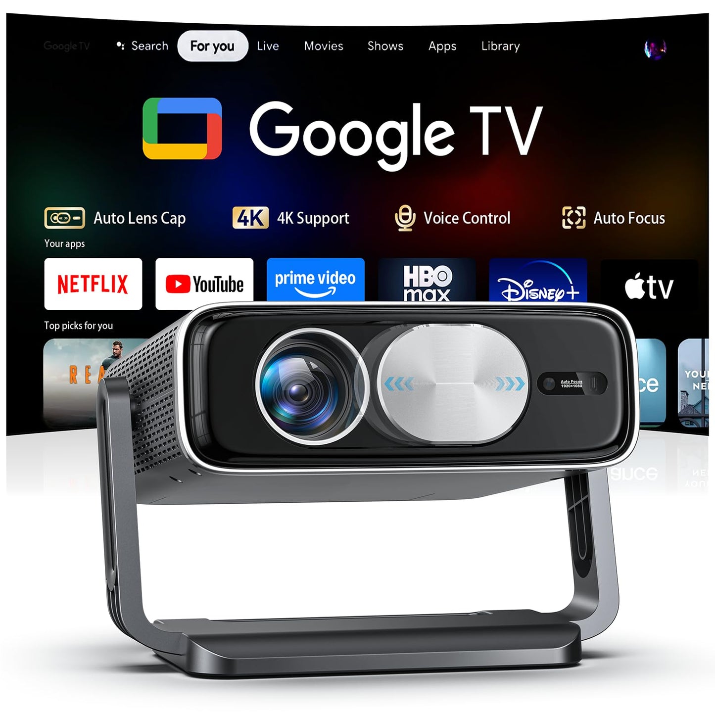 Smart 4K Projector [Bundled with Google TV Stick] with WiFi and Bluetooth, 2500ANSI, Auto Lens Cap, Portable Outdoor Movie Projector with Built-in Apps Auto Focus for Ceiling/Home Theater/Bedroom
