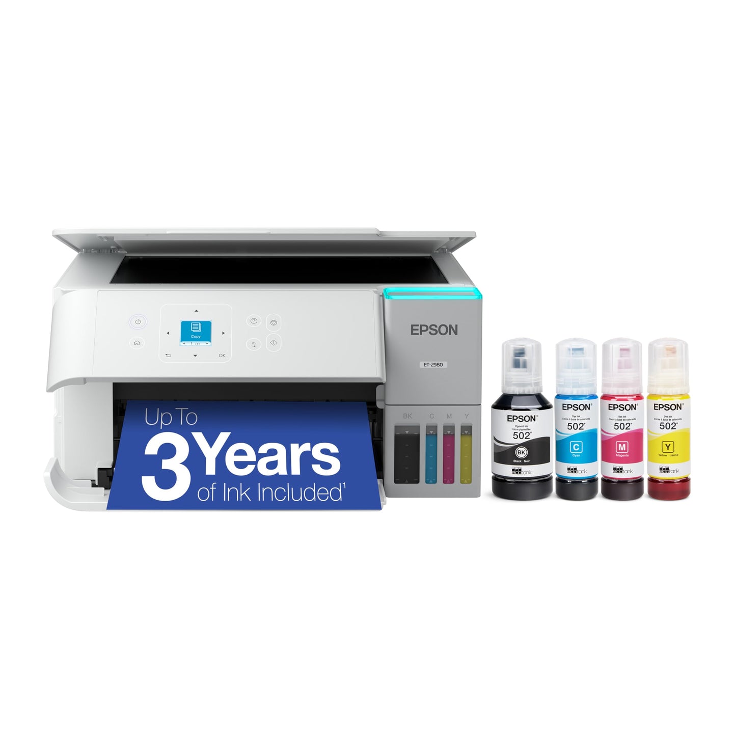 Epson EcoTank ET-2980 Wireless All-in-One Color Supertank Printer with Refillable Ink Tanks, 3 Years of Ink, Mobile Printing, 15 PPM, Color Touchscreen, Auto 2-Sided, White
