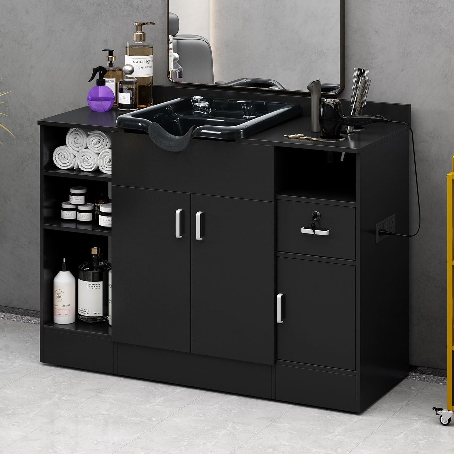 Shampoo Bowl with Cabinet, Shampoo Barber Backwash with Charging Station, Drawers, Storage Cabinet, Faucet Sprayer & Shampoo Bowl, Shampoo Cabinetry Hair Wash Sink for Beauty Spa Barber