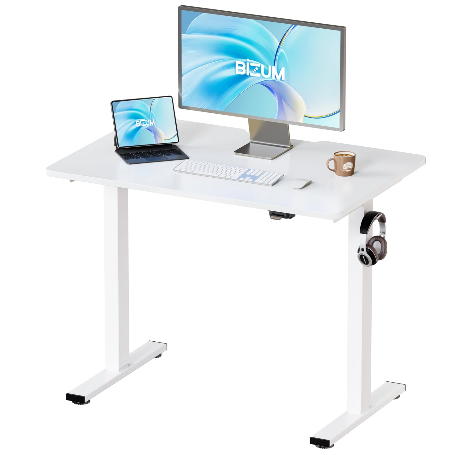 BIZUM 35.4" Small Electric Standing Desk Height Adjustable, Whole Piece Stand Up Computer Desk Work Study Writing Gaming Desks for Home Office White