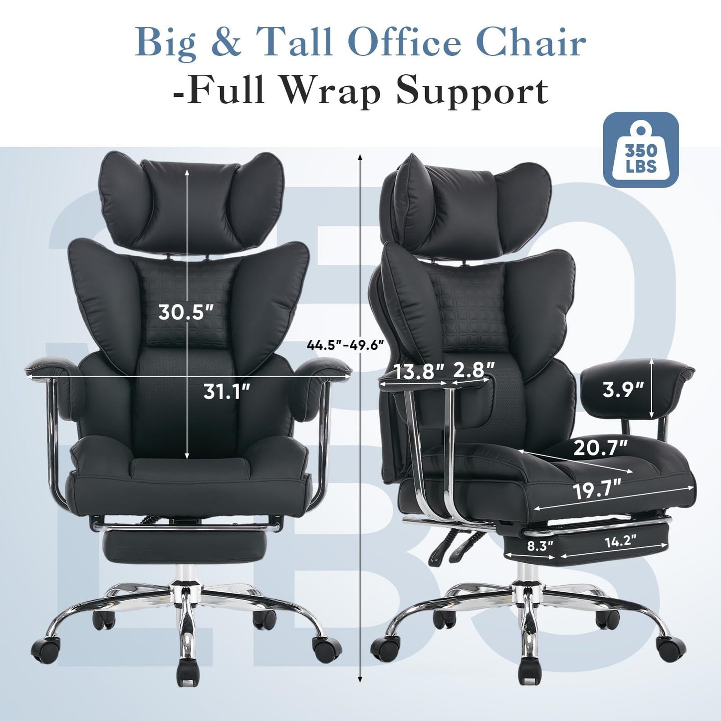 Big and Tall Office Chair 350 LBS, Scratch-Resistant PU Leather Executive Office Desk Chair with Footrest, Ergonomic Reclining Computer Chair with Pocket Spring Support for Home Office, Black