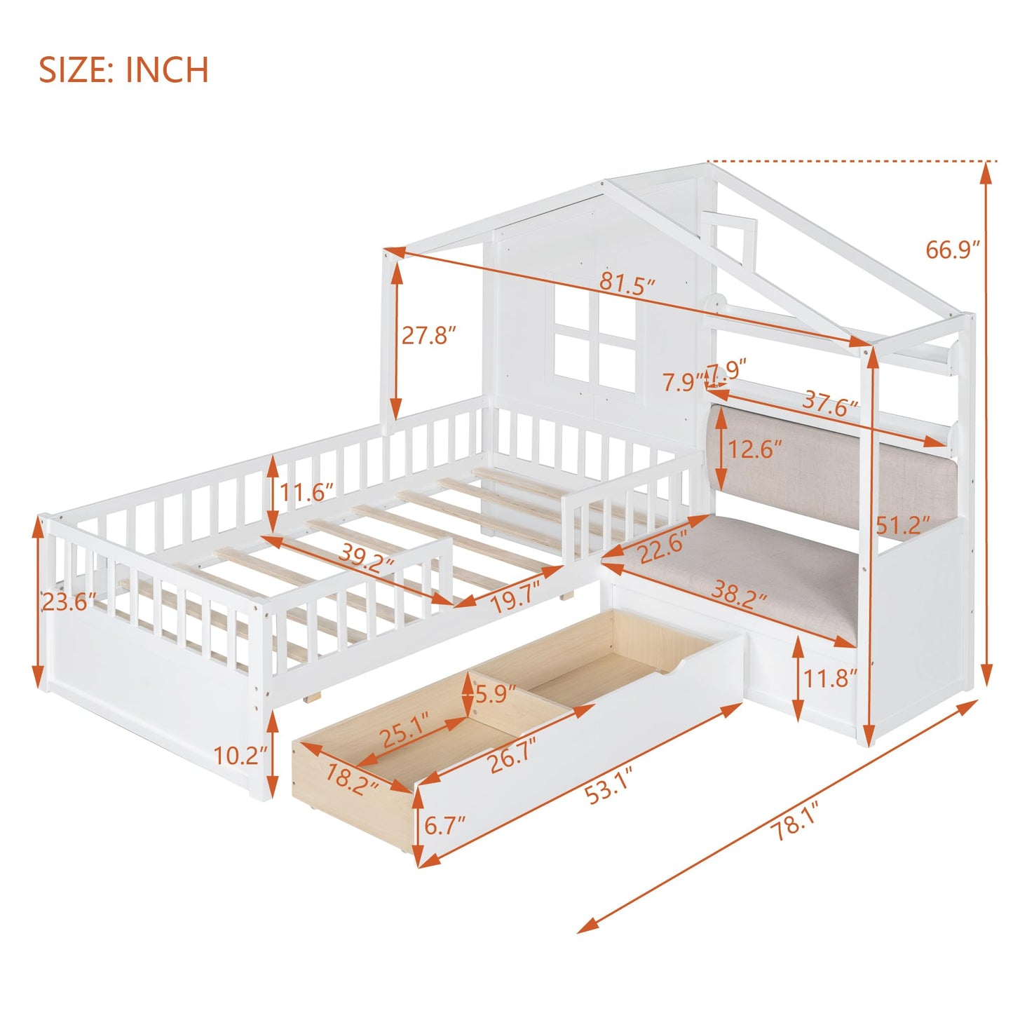 Merax Twin Size House Bed with Upholstered Sofa Seat, White L-Shape Wooden Platform Bed Frame with Two Drawers and Storage Shelf