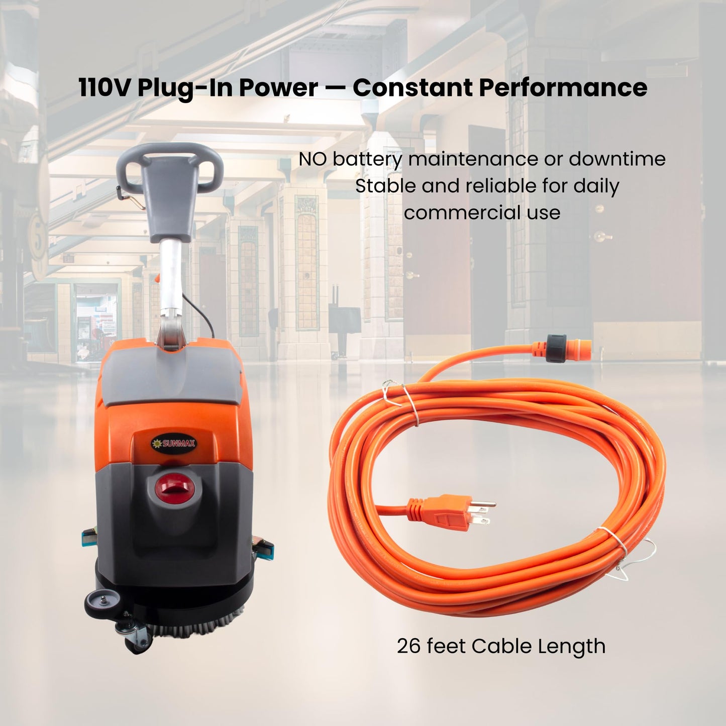 Sunmax RT35AC 17" Electric Walk-Behind Floor Scrubber, 7.9/9.2-Gal Dual Tank System, Orange/Gray, 26ft 110V Corded Commercial Floor Cleaning Machine