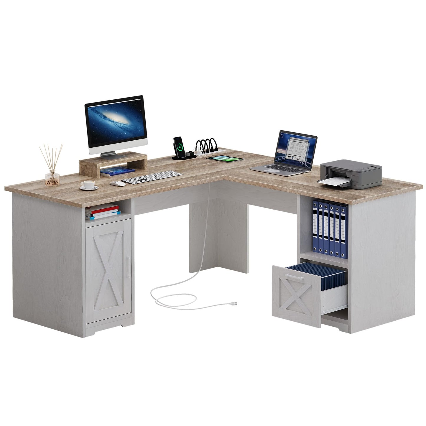 YITAHOME L Shaped Desk with Power Outlets, 60 Inch Computer Desk Corner Desk with File Drawer, Home Office Desk with Monitor Stand & Storage Shelves, L-Shaped Desk with File Cabinet, Grey Wash