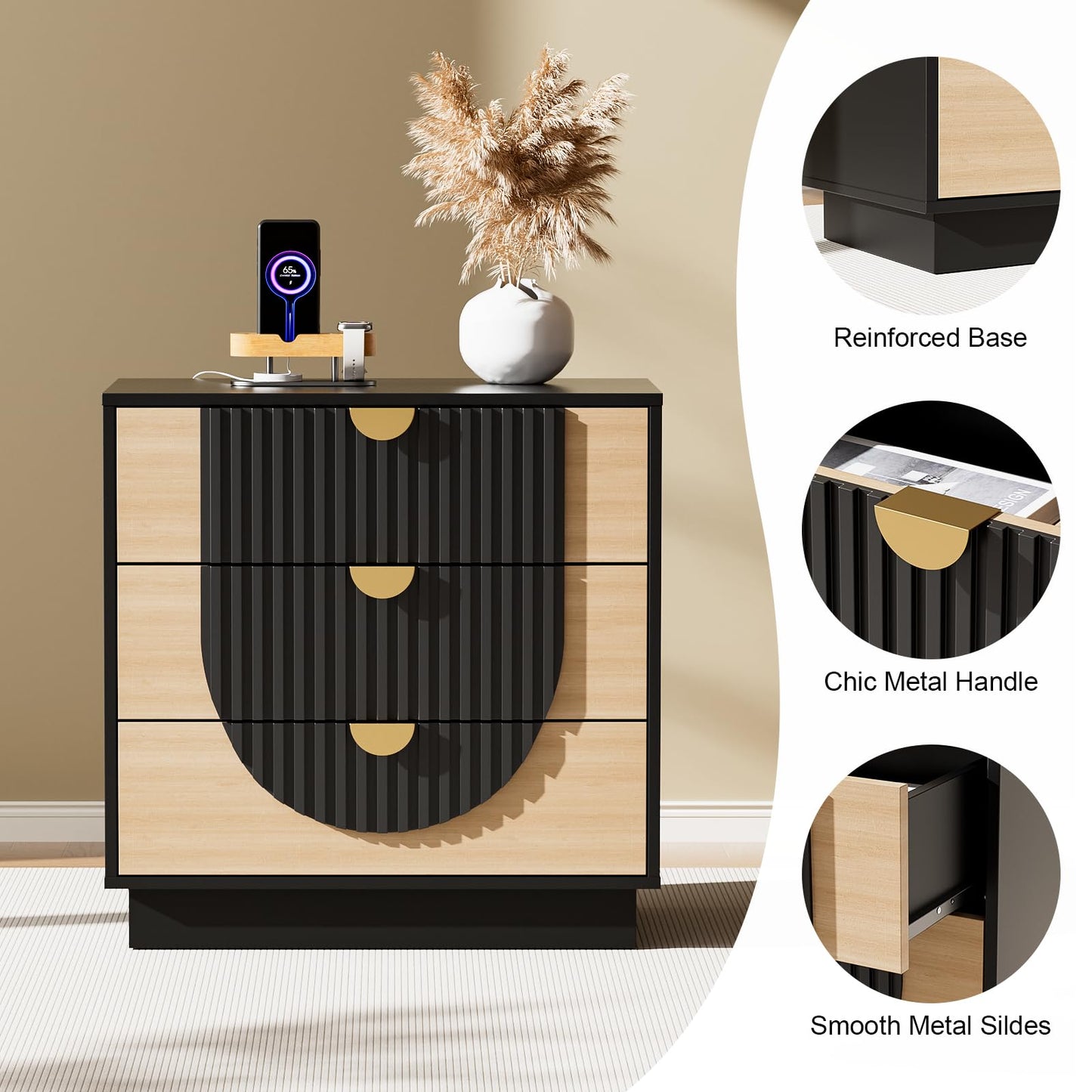 LegacyAmerhome 3 Drawer Nightstand with Charging Station,28" Fluted Night Stand & Modern Bedside Table, Wood End Table Storage Cabinet for Bedroom Hallway, Entryway,Black