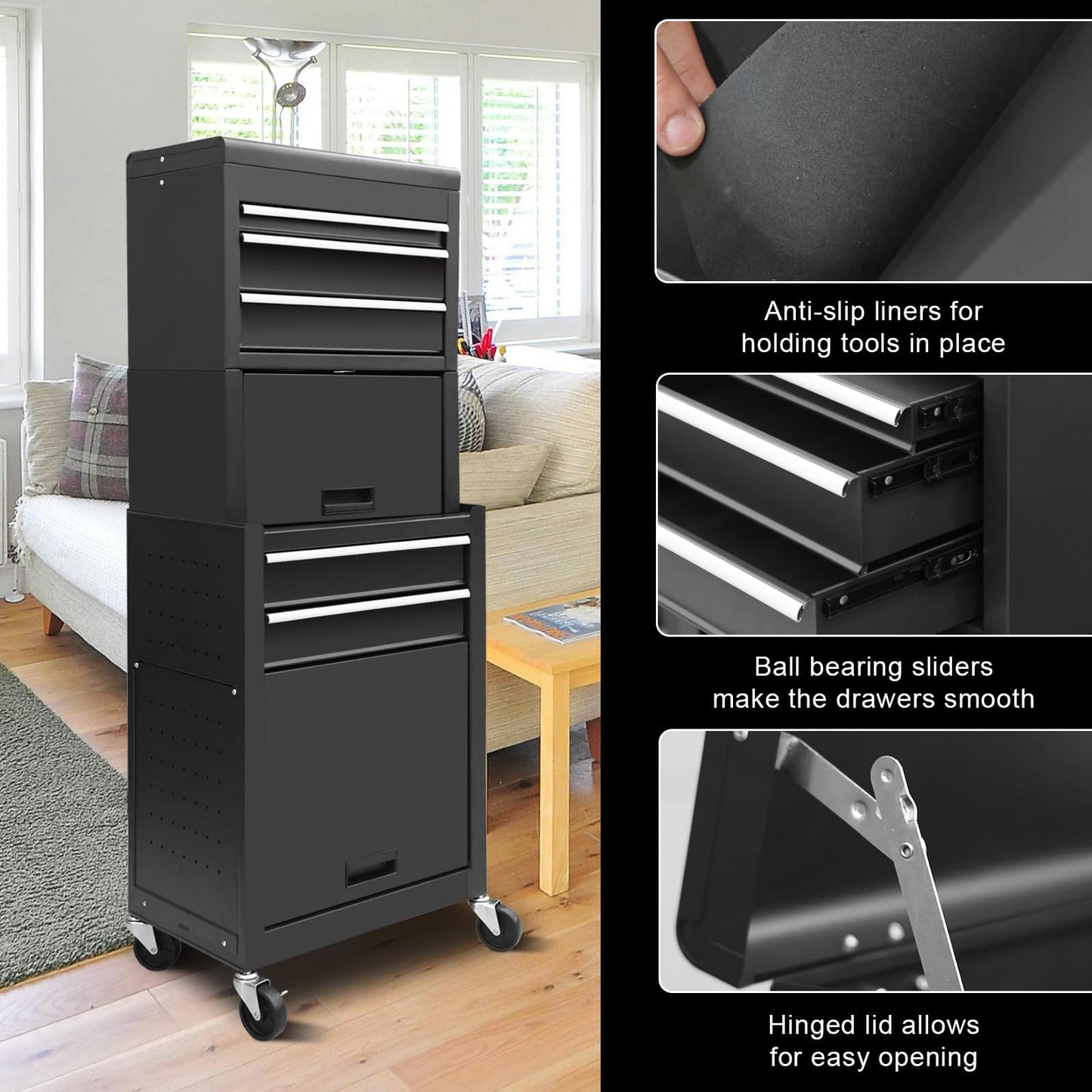 Torin ATB225XBB Rolling Tool Chest for Home & Garage Workshop: 3-in-1 Tool Box Organizer with Lockable Wheels, Sliding Drawers and Detachable Top, Black
