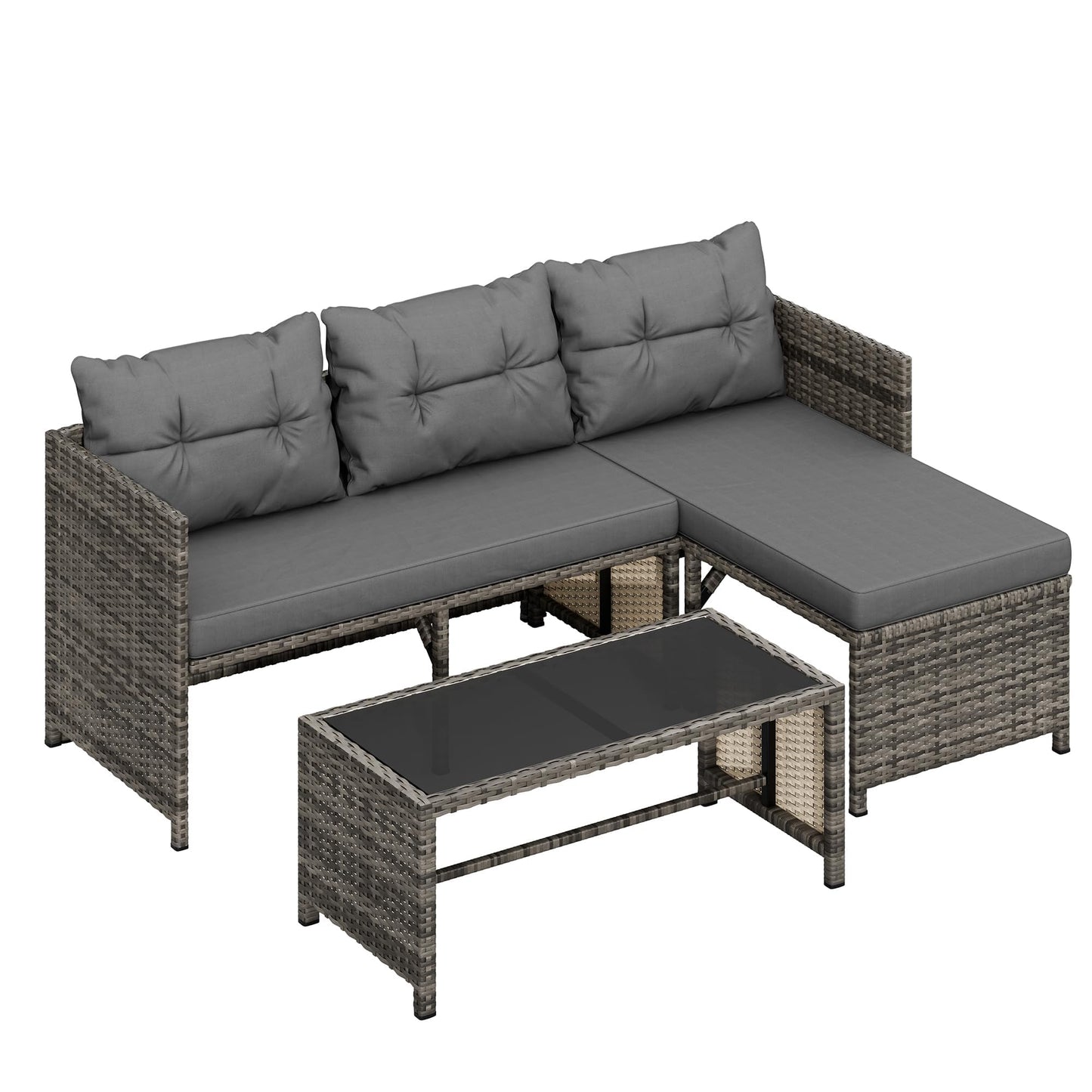 Shintenchi 3 Pieces Outdoor Patio Furniture Sets, Wicker Patio Conversation Sets, All Weather Wicker Rattan Patio Seating Sofas with Glass Coffee Table and Cushion, Gray