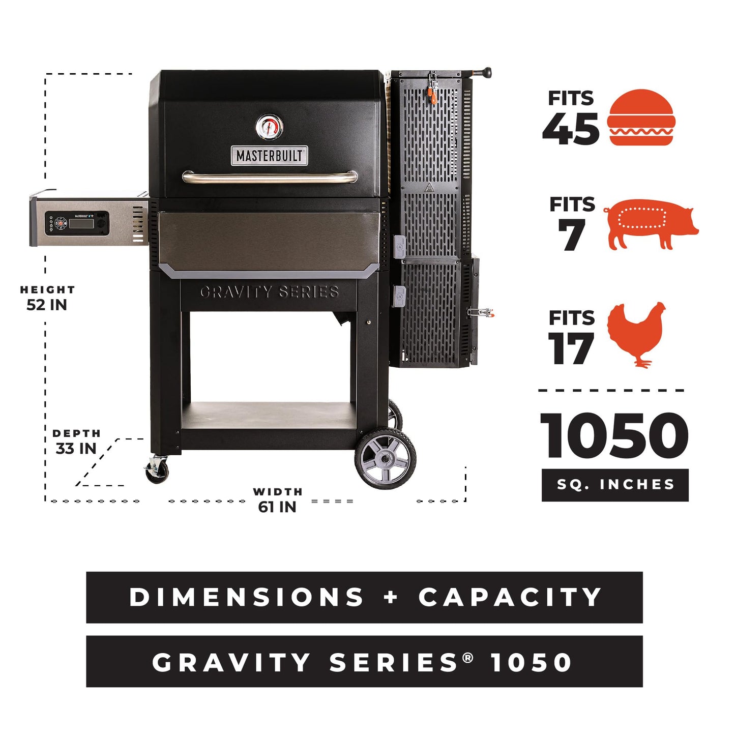 Masterbuilt® Gravity Series® 1050 Smoker Grill - Digital Charcoal Combo Grill with Free App, 1,050 Cooking Square Inches in Black, Model MB20041220