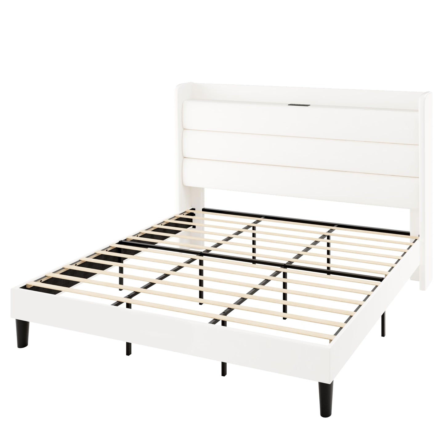 Allewie King Size Upholstered Bed Frame with Charging Station & Storage Headboard, Soft Velvet Wingback Platform Bed, Strong Wooden Slats Support, No Box Spring Needed, Easy Assembly, White