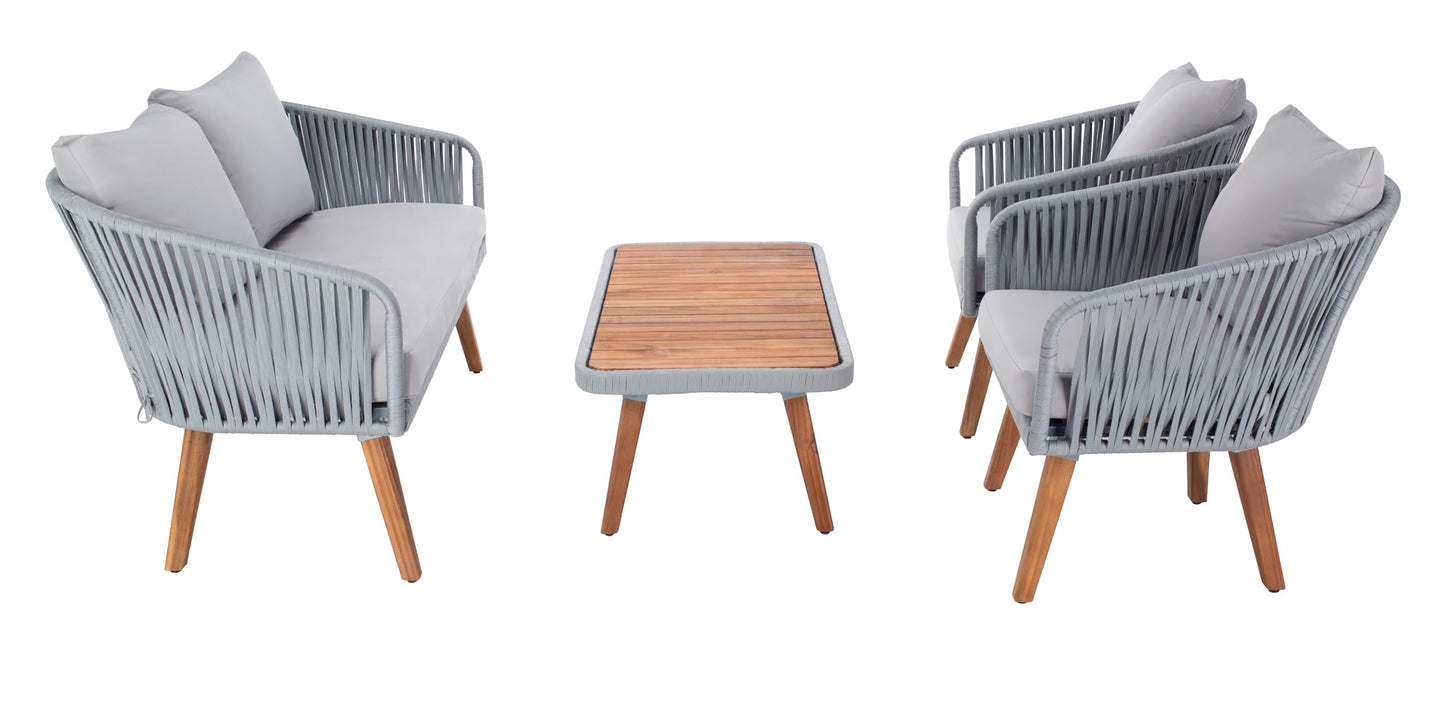 SAFAVIEH Outdoor Collection Ransin Grey/Grey/Natural Solid Wood 4-Piece Conversation Patio Set