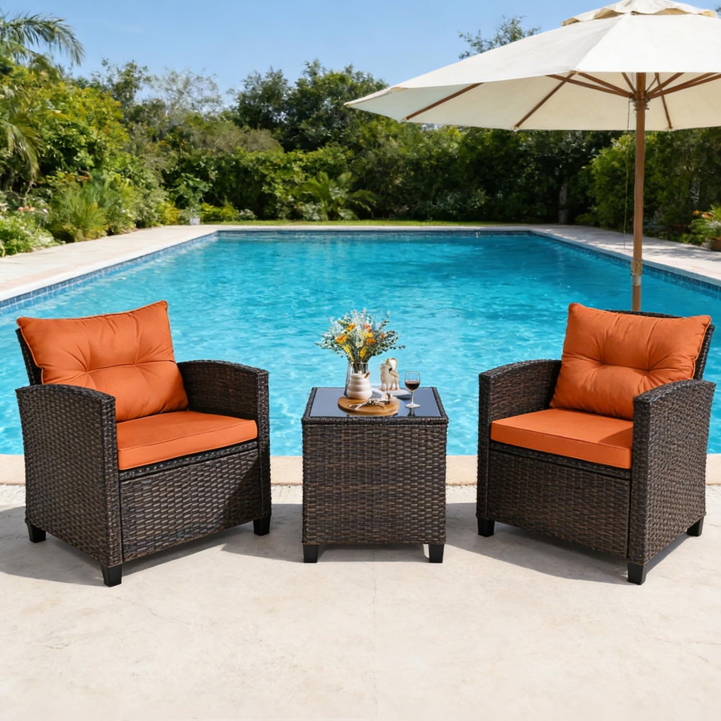 COSTWAY 3PCS Patio Furniture Set, PE Rattan Wicker Sofa w/Washable Cushion and Coffee Table, Tempered Glass Tabletop, Outdoor Conversation Set for Balcony, Porch, Yard, Backyard, Lawn (Orange)