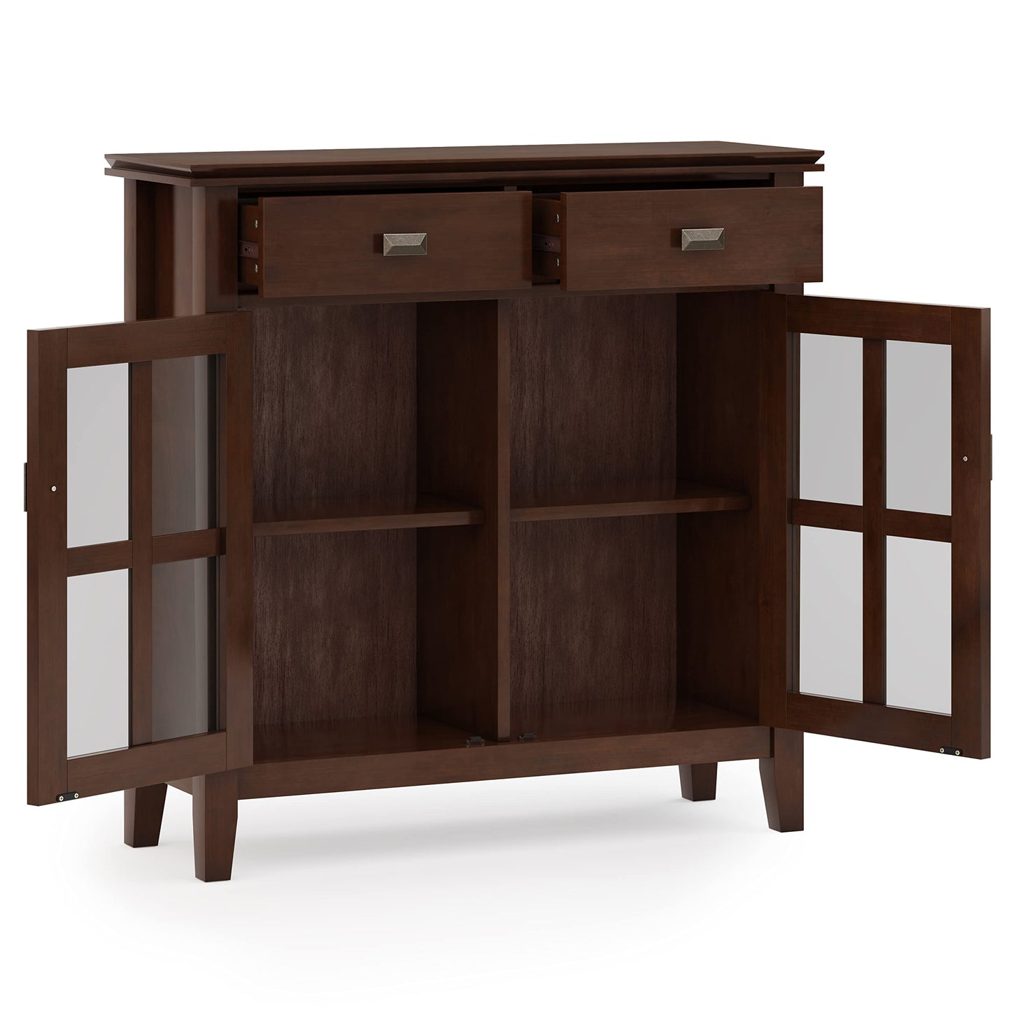 SIMPLIHOME Artisan Storage Cabinet - 36 inch Wide Solid Wood Entryway Cabinet in Russet Brown, Contemporary Console for Living Room or Hallway with 2 Drawers, Adjustable Shelves, and Glass Doors