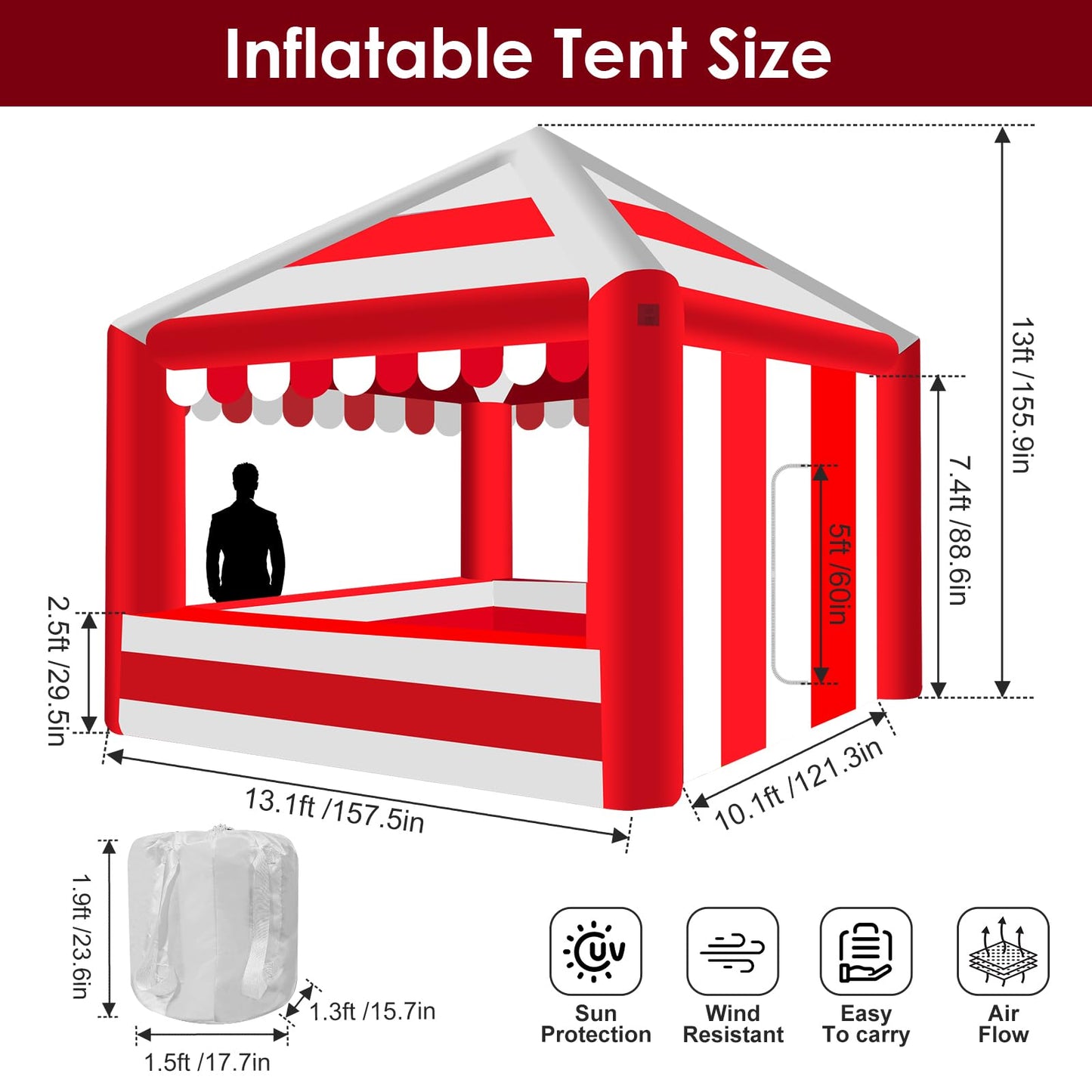 13x13ft Inflatable Event Tent with 550W Blower - Red & White Striped Advertising Canopy, Waterproof Pop-up Vendor Booth - Portable Air Tent for Trade Shows, Farmers Markets, Carnivals & Camping
