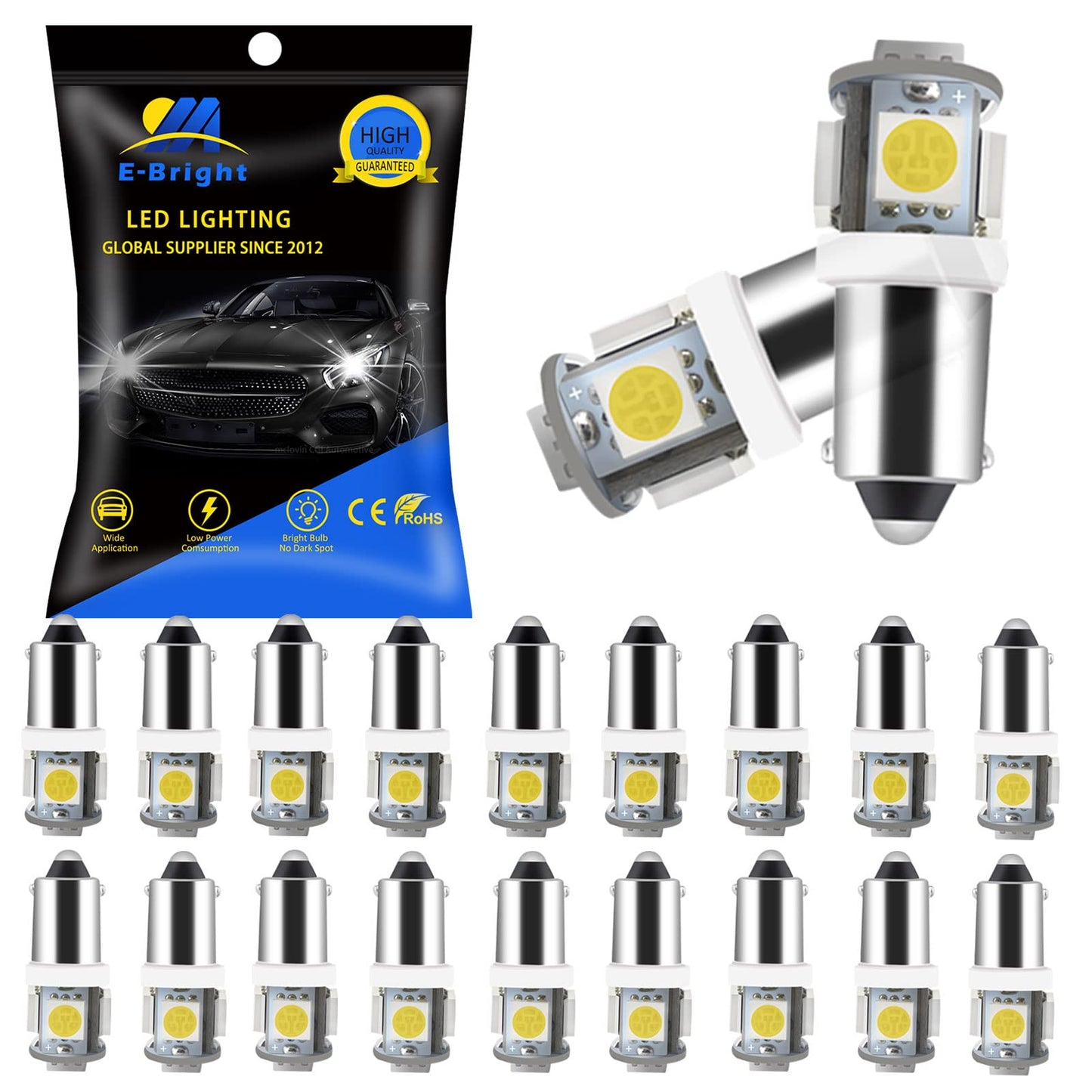 YM E-Bright 20-Pack BA9S 5050 5SMD LED License Plate Light Bulb 24V White
