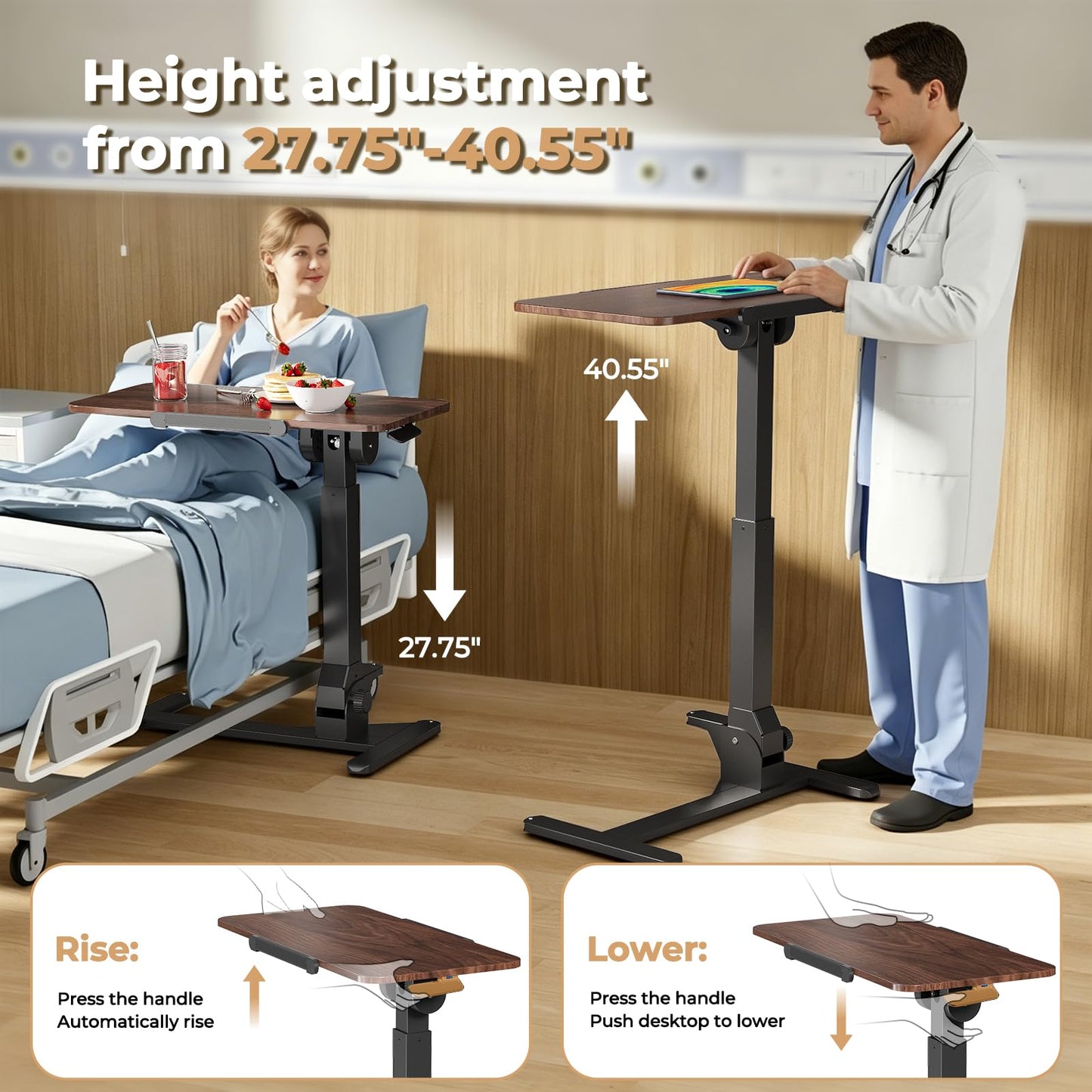 JOY worker Foldable Overbed Bedside Table, 180° Tiltable Mobile Standing Desk with Wheels, 31.5" Height Adjustable Rolling Laptop Desk for Home & Hospital Use, Easy Storage, Rustic Brown