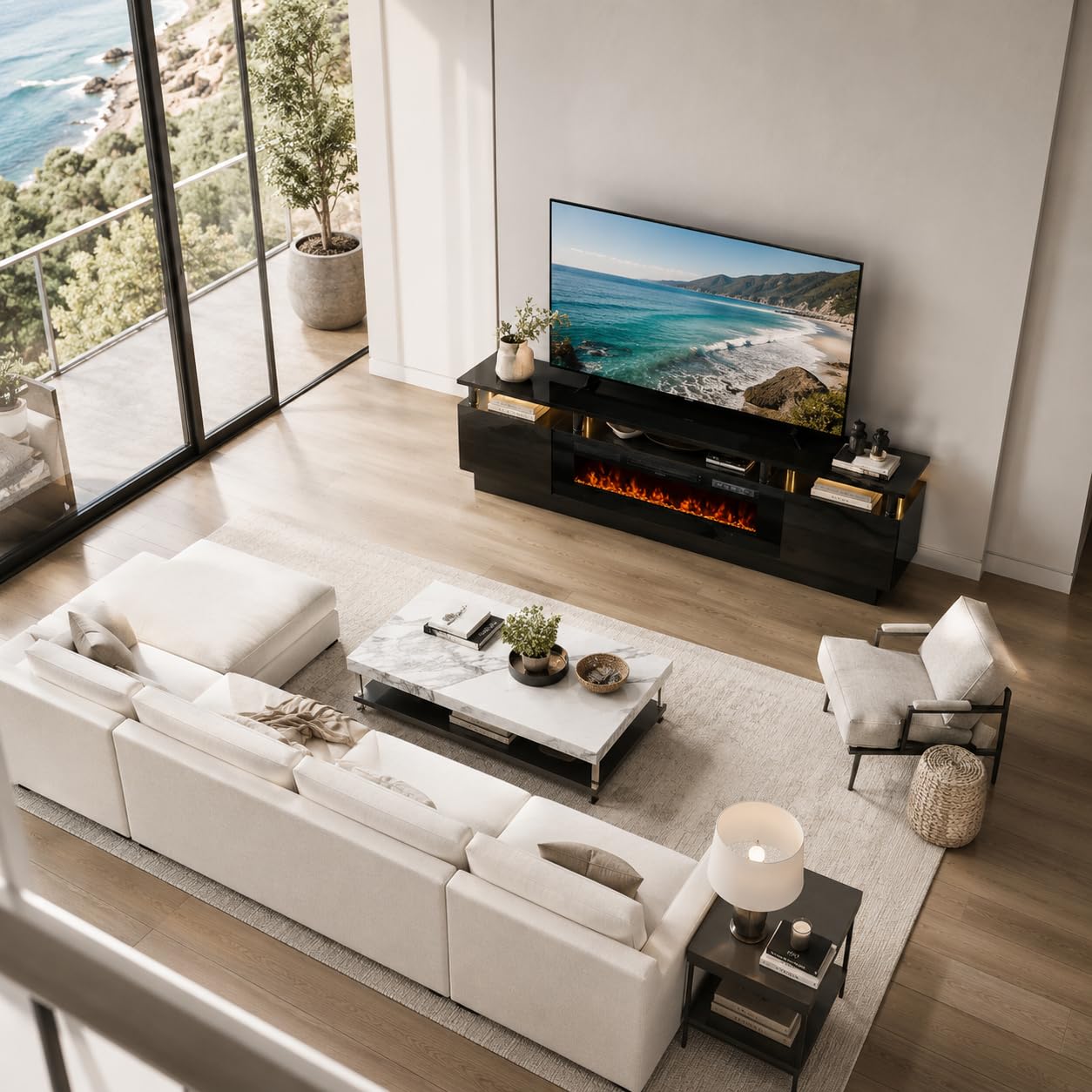 OneBlis 70" TV Stand for Living Room, Modern Entertainment Center & Media Console, Fits TVs up to 80", Storage Cabinet with Shelves, 36" Electric Fireplace with LED Flame (All Black)
