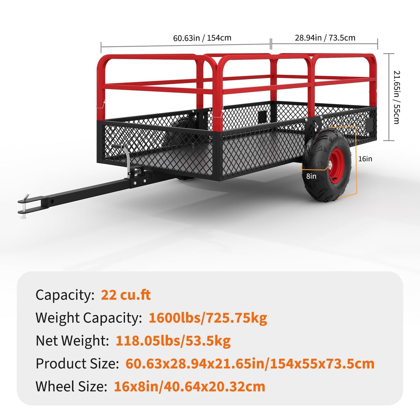 GarveeLife ATV UTV Trailer Tow Behind Dump Cart, 1600 lbs 22 Cubic Feet Heavy Duty Yard Garden Trailer Pull Behind with Removable Sides & All Terrain Tires, Fits Lawn Mower, Tractor, Garden