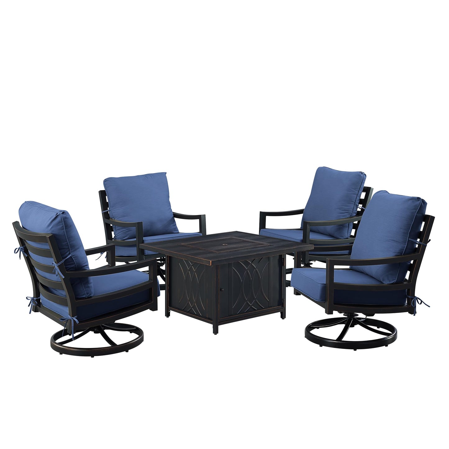 Oakland Living Black Aluminum Patio Fire Table Set with Four Club Chairs with Blue Cushions