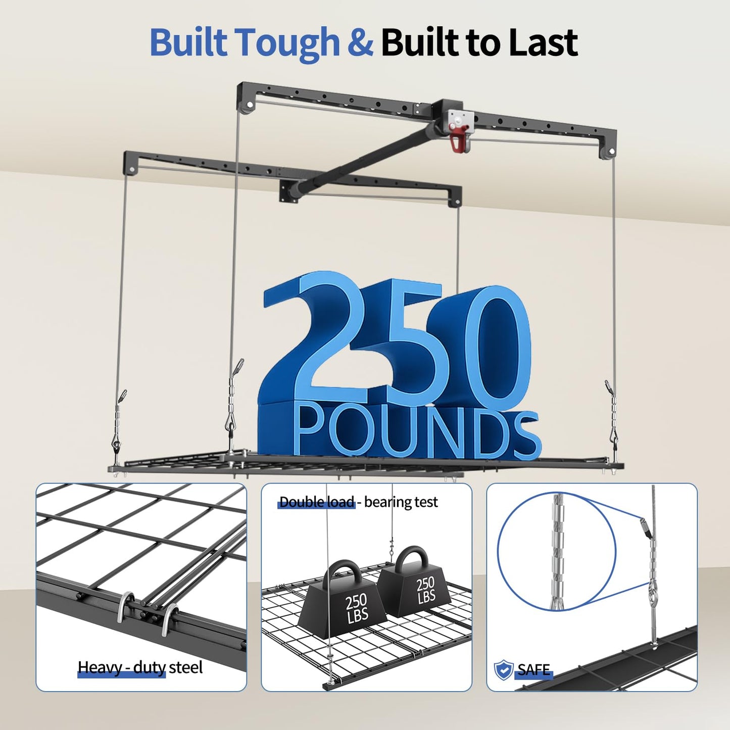 KOKORACKER Overhead Garage Storage Lift, Adjustable Heavy-duty 4x4 Ft Ceiling Racks with Safety Lock, Ideal for Storage Lifting Organization System, 250lbs Capacity