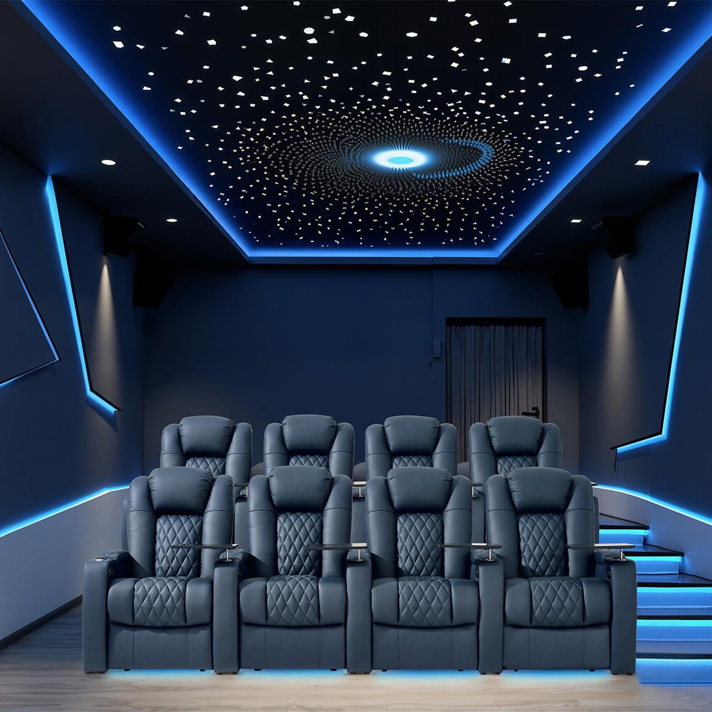 comfiroom Leather Home Theater Seating, Classic Series Dual Power Electric Headrest Game Seats Movie Theater Chairs Recliner Sofa with Type-C USB Charger (Blue, Row of 3)