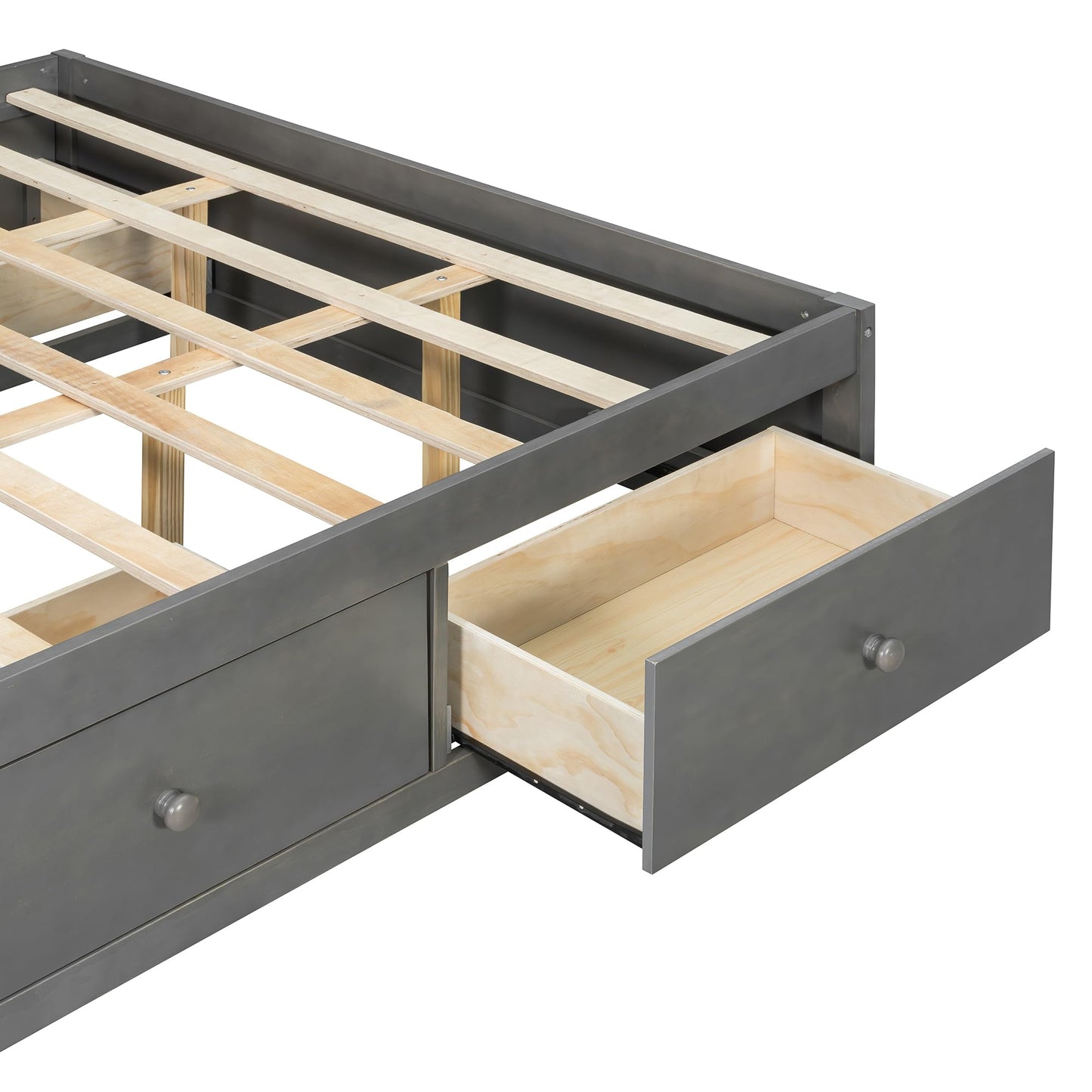 Merax Queen Size Wood Platform Bed with 4 Underbed Drawers and Footboard Storage Cubby, Minimalism Bed Frame with Solid Wooden Slat Support for Bedroom, No Box Spring Needed, Easy Assembly, Gray