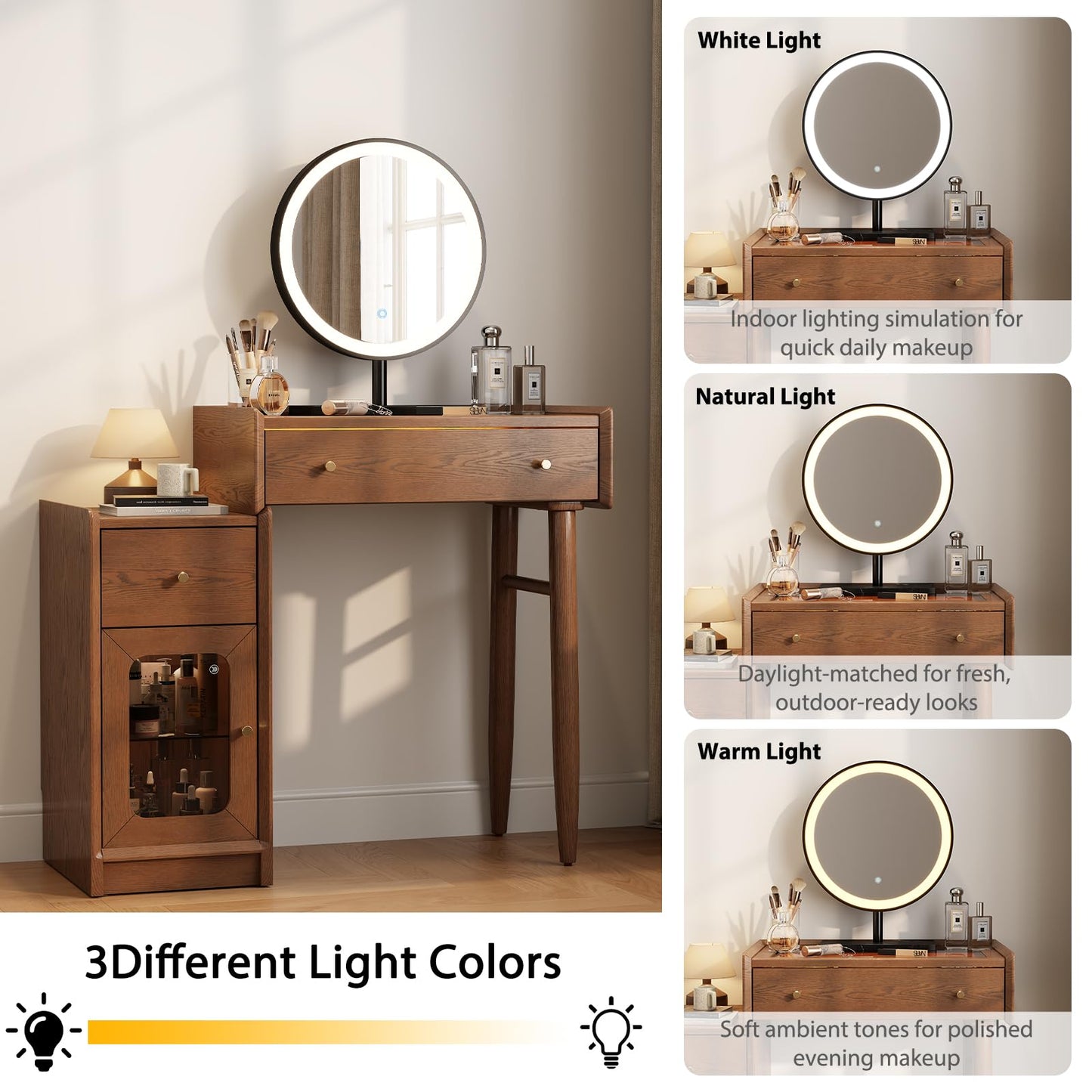Luxury 100% Solid Wood Vanity Desk with Mirror, Mid-Century Modern Makeup Table with Glass Top & Ambient Light, 2-in-1 Vanity and Nightstand with Storage Cabinet for Bedroom ([Walnut] Desk + Mirror)