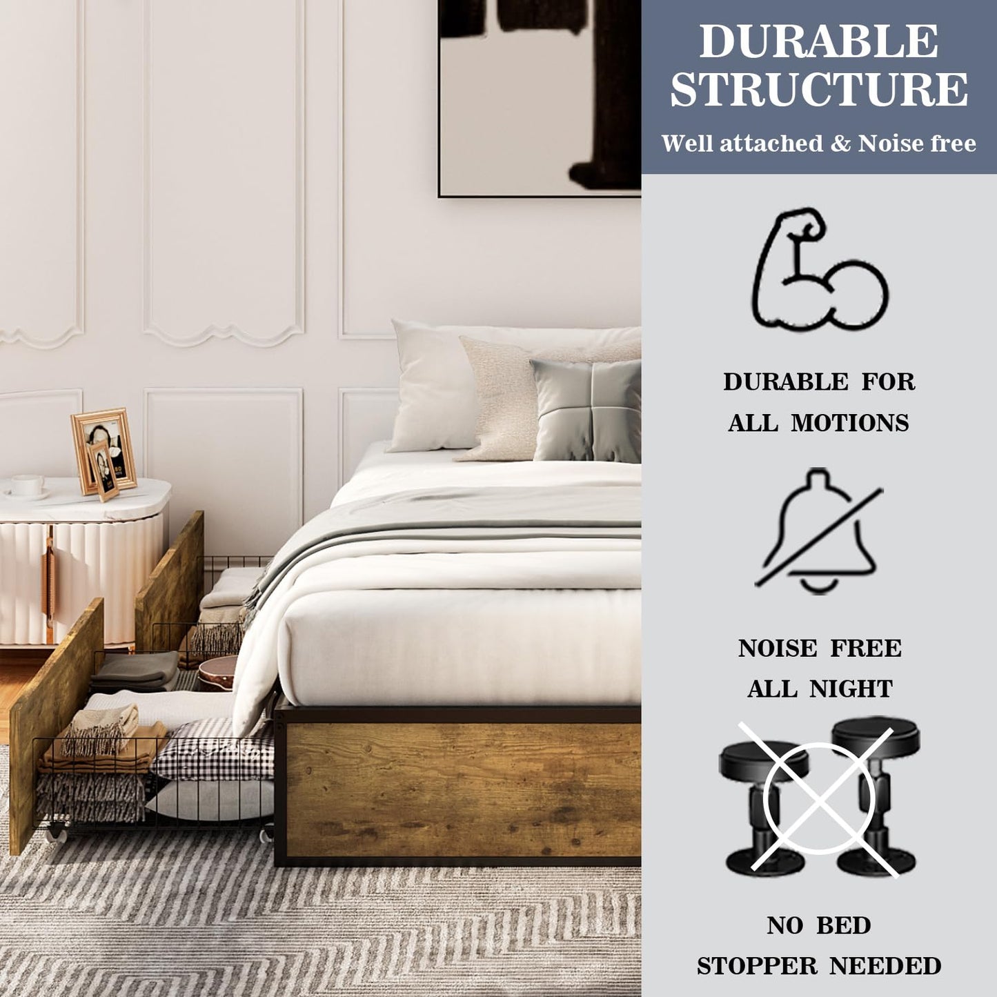 Allewie Industrial Storage Bed with Drawers, Wooden Metal Platform, Sturdy & Noise-Free, Modern Full Size for Bedroom & Apartment