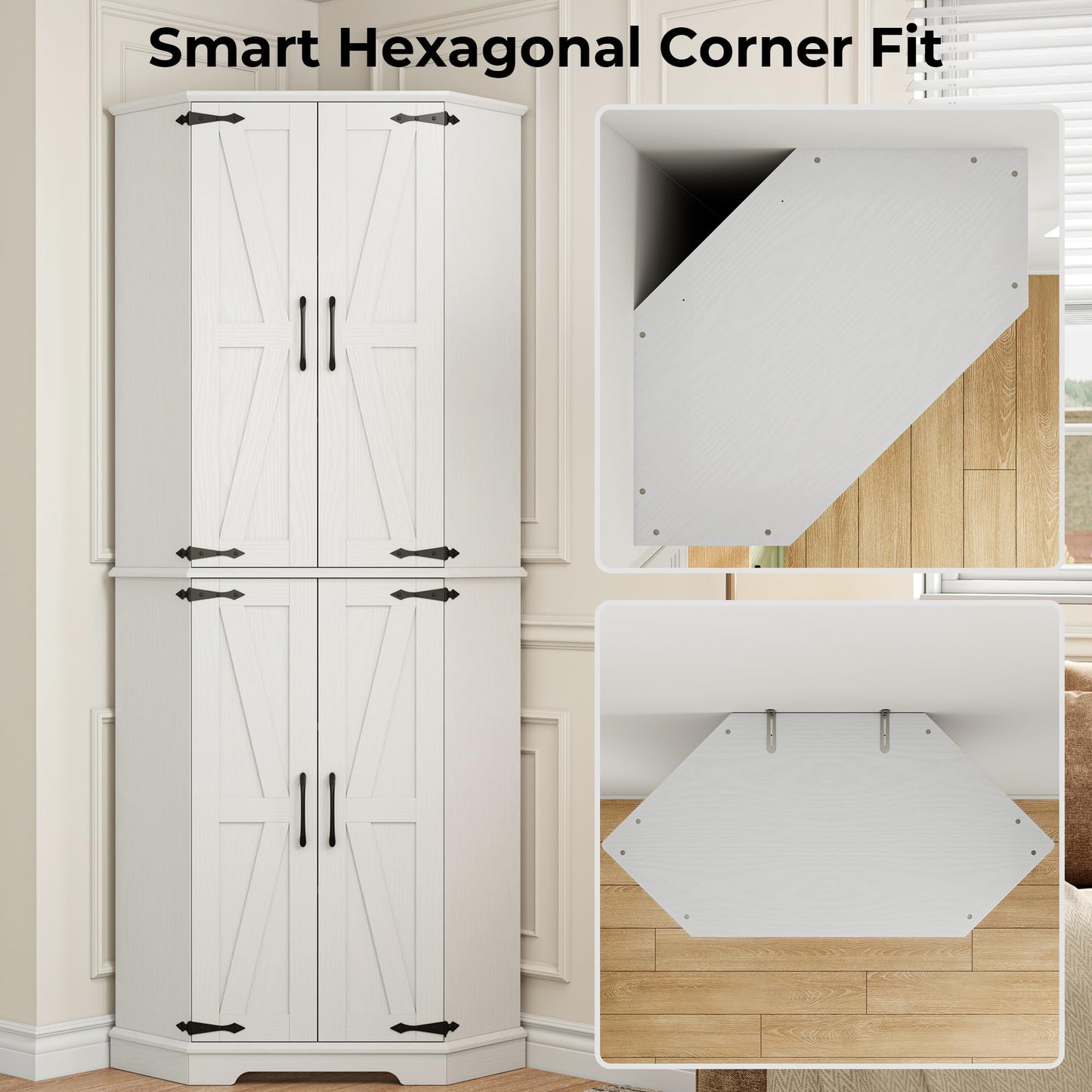 IRONCK Corner Cabinet, 72" Kitchen Pantry Cabinet, 6-Tier Freestanding Farmhouse Pantry with 2 Adjustable Shelves, 240°Swivel Doors, 2 Doors Storage, Spacious Hutch for Kitchen, Living Room, White