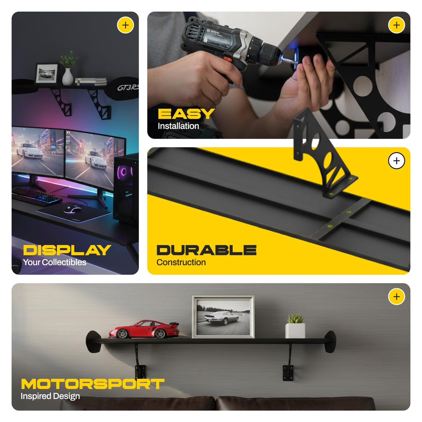 GT3RS Wall Mounted Shelf – Garage Shelving & Man Cave Decor for Car Enthusiasts, Display Shelf for Game Room Decor (White on Black)