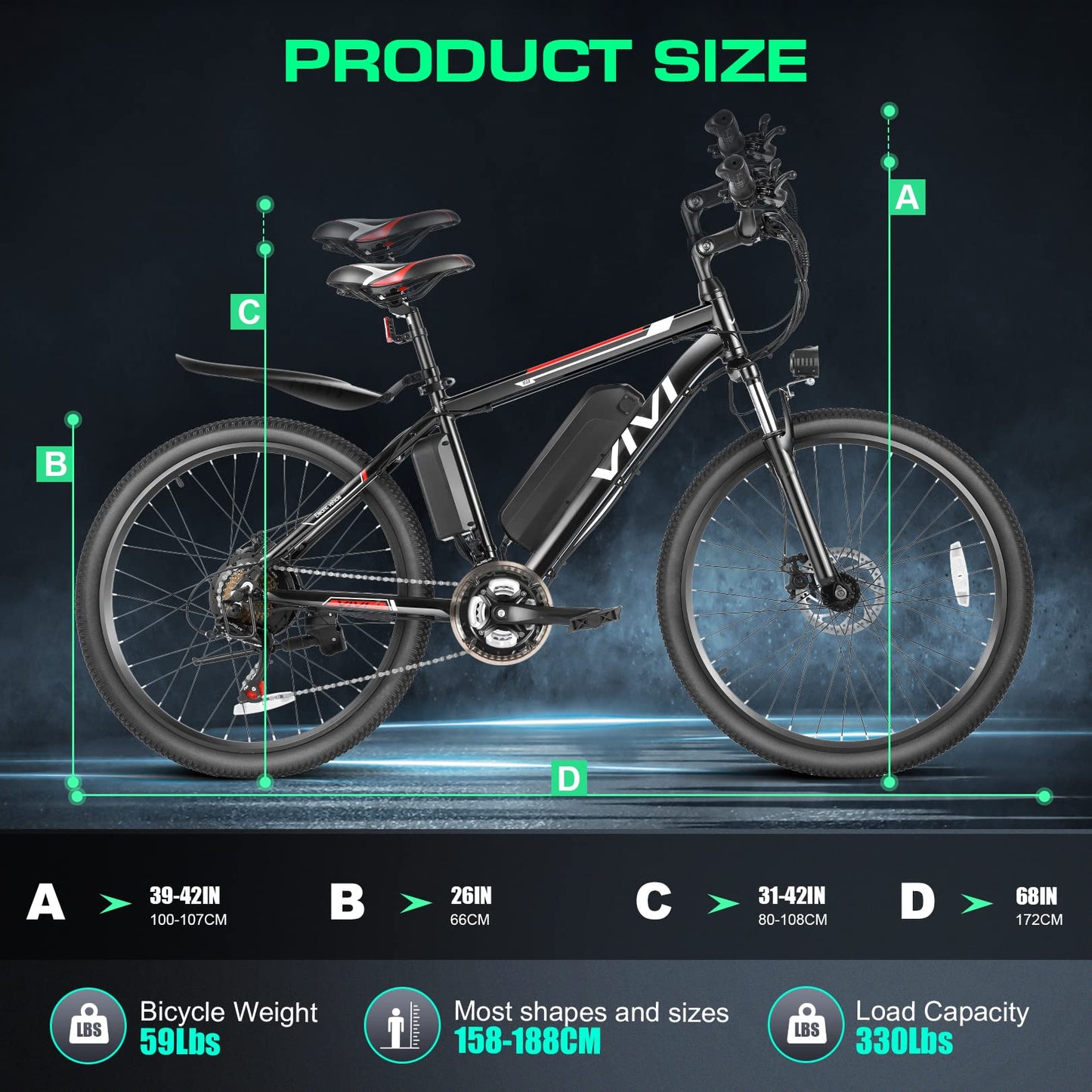 Vivi Electric Bike for Adults, Peak 750W Ebike 26" Electric Mountain Bike, 20MPH Adult Electric Bicycles Commuter Ebike with 48V Battery, Up to 50 Miles, 21 Speed, SGS Certified to UL2849